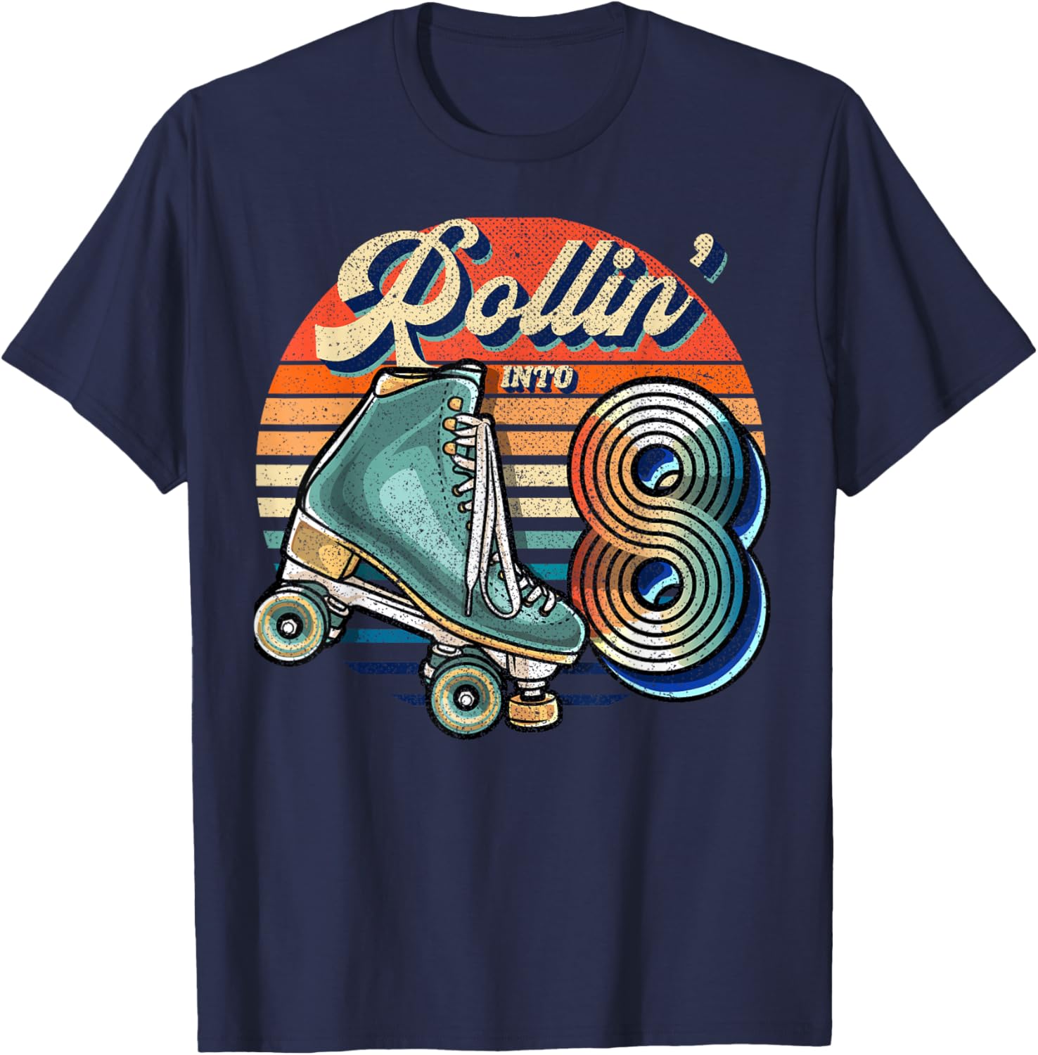 Rollin' into 8 Roller Skating Rink 8th Birthday Party Girls T-Shirt - T-Shirt | Navy