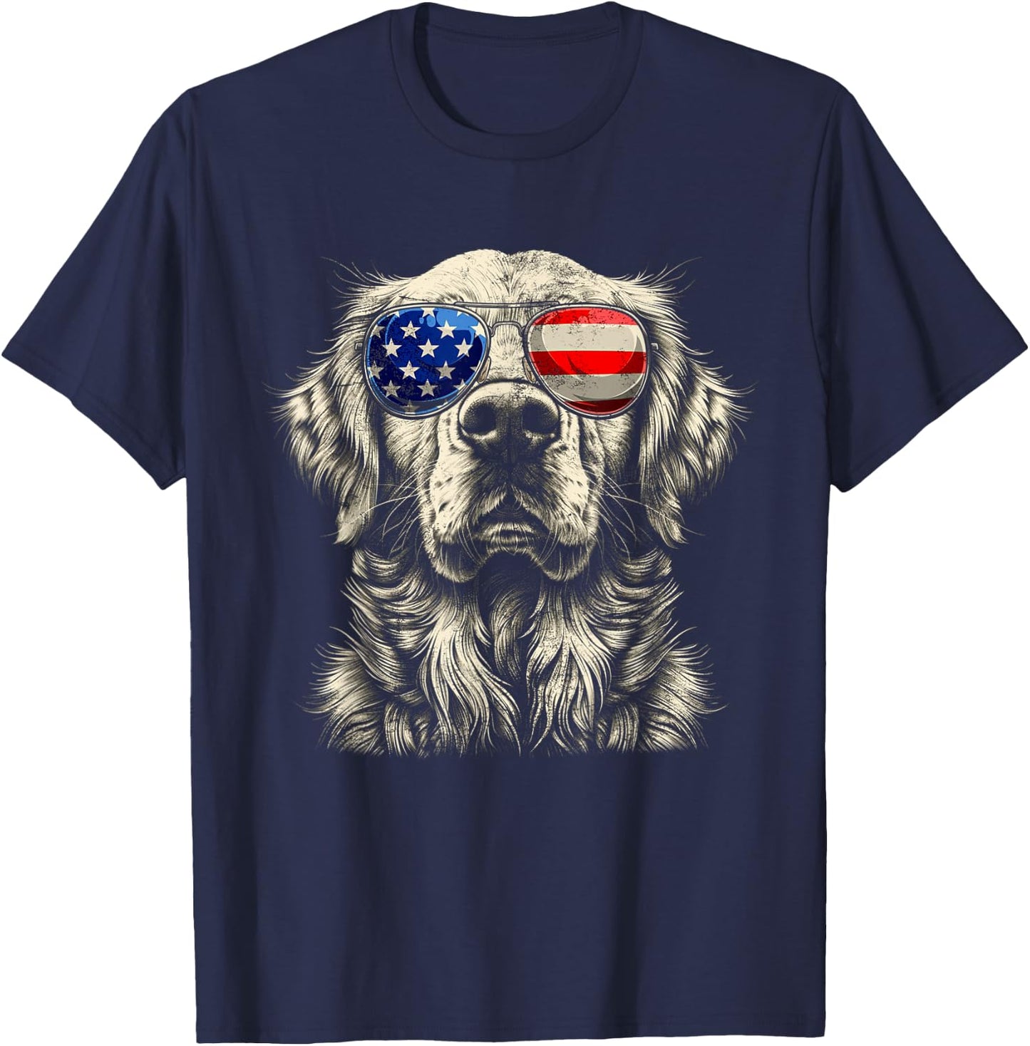 Vintage Art Golden Retrievers Dogs Wearing USA Flag Glasses T-Shirt - T-Shirt | Navy