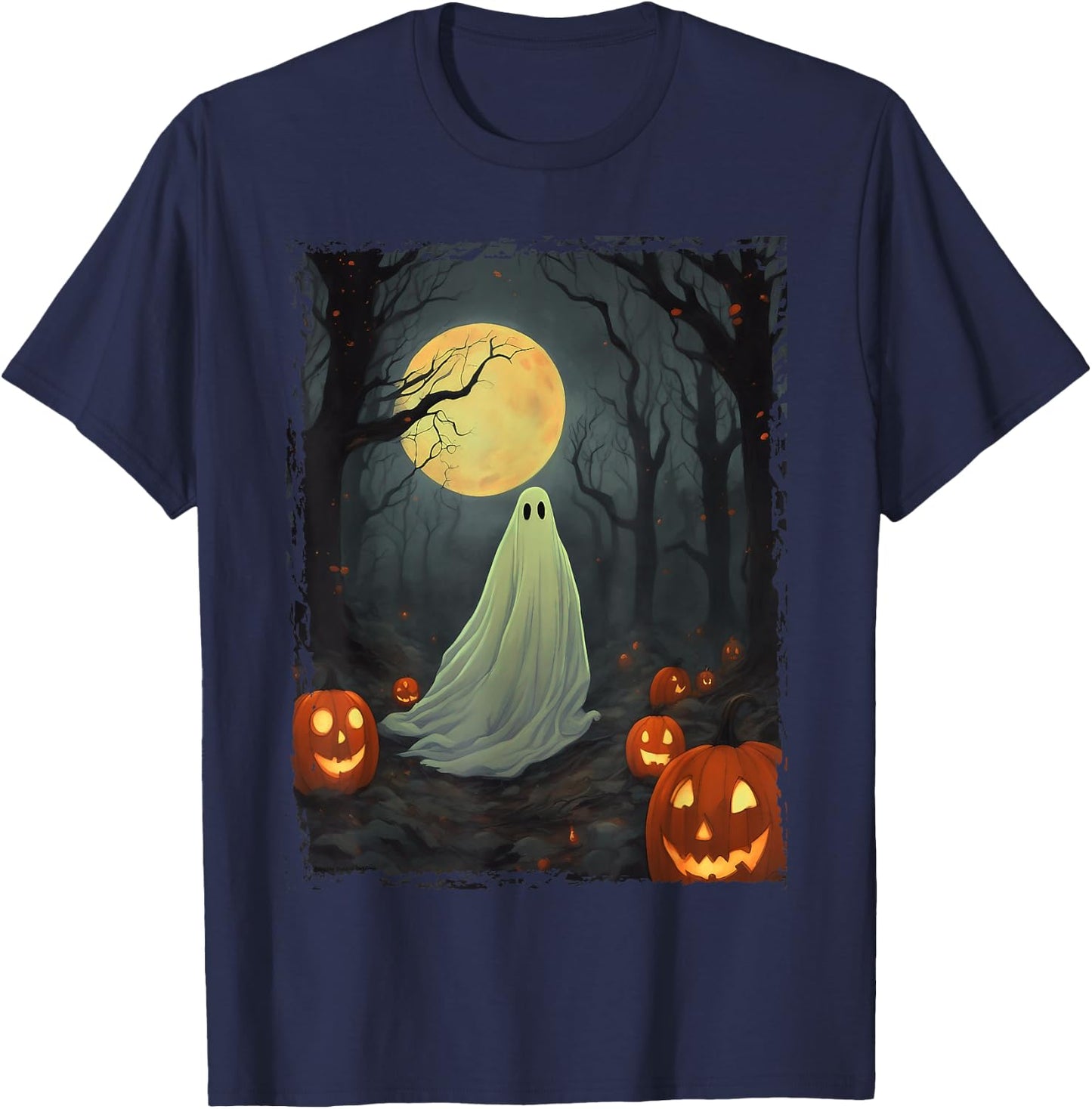 Vintage Ghost in Gothic Forest Full Moon Halloween T-Shirt - T-Shirt | Navy