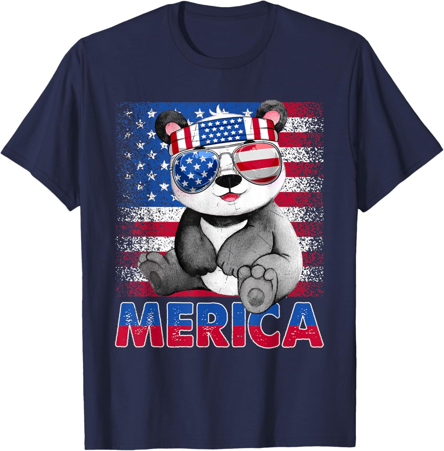 Funny Merica Panda Bear With USA Flag Headband 4th Of July T-Shirt - T-Shirt | Navy