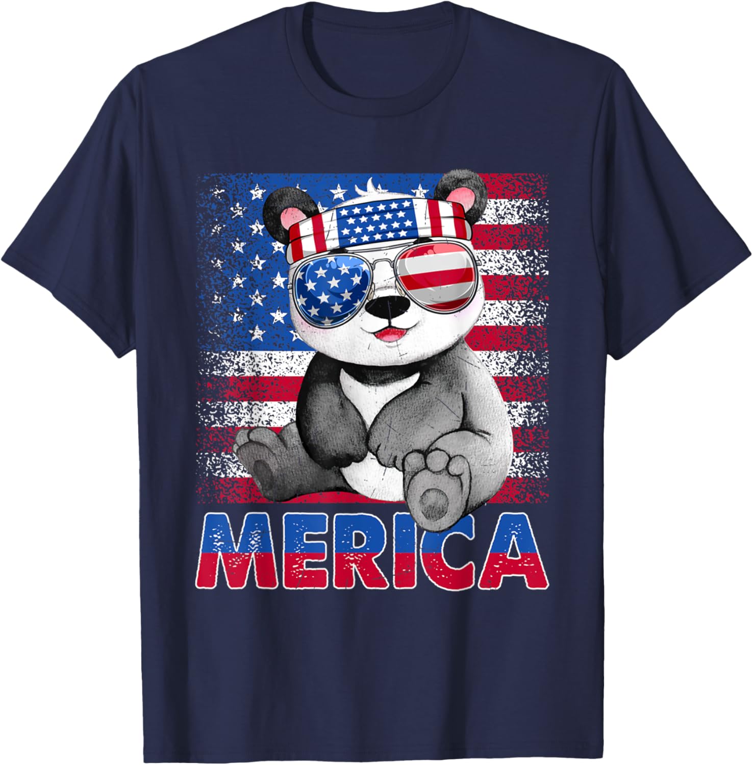 Funny Merica Panda Bear With USA Flag Headband 4th Of July T-Shirt - T-Shirt | Navy