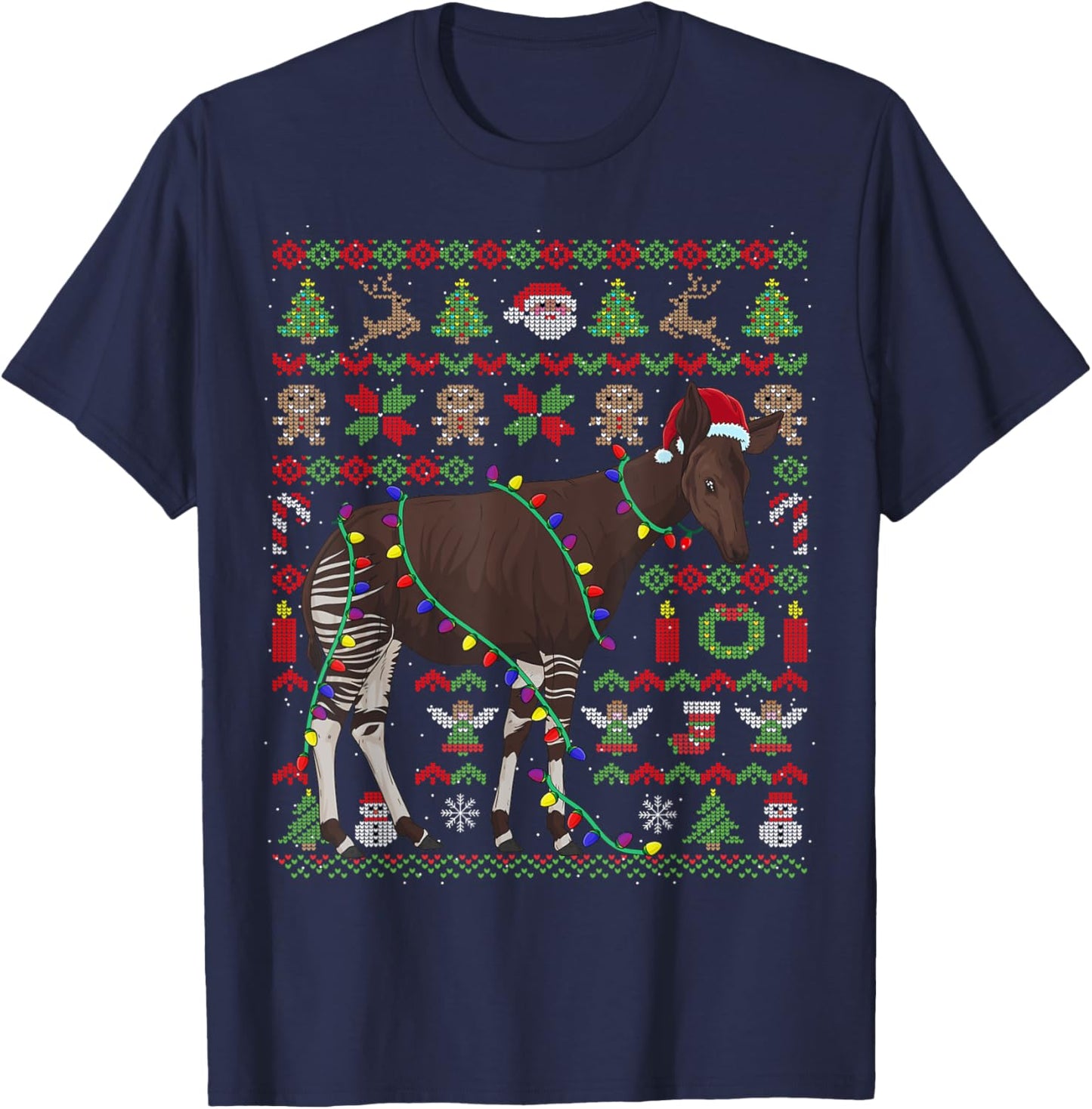 Ugly Christmas Okapi Forest Giraffe T-Shirt - T-Shirt | Navy