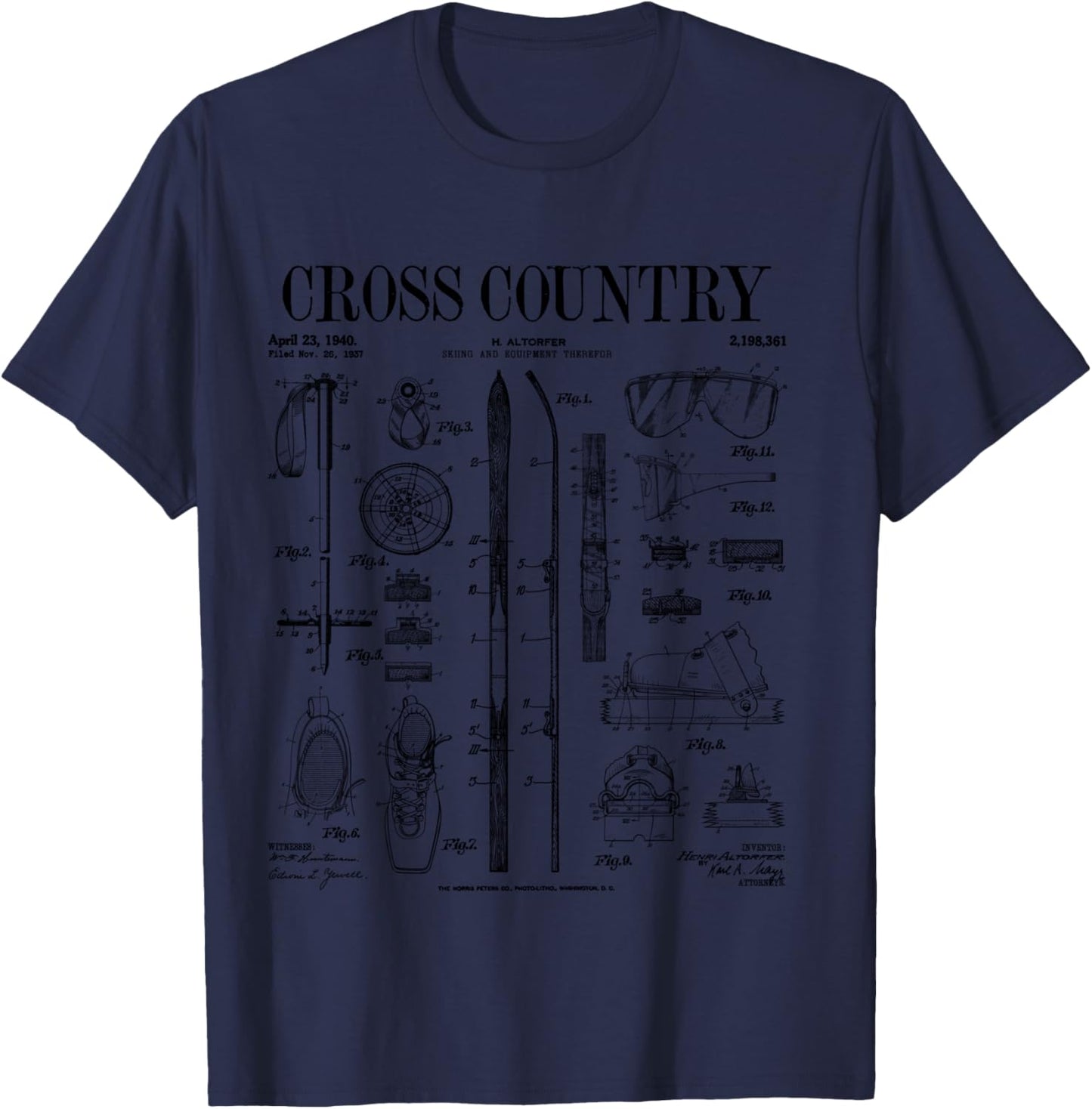 Cross Country Nordic Skiing Ski Vintage Patent Skier Print T-Shirt - T-Shirt | Navy