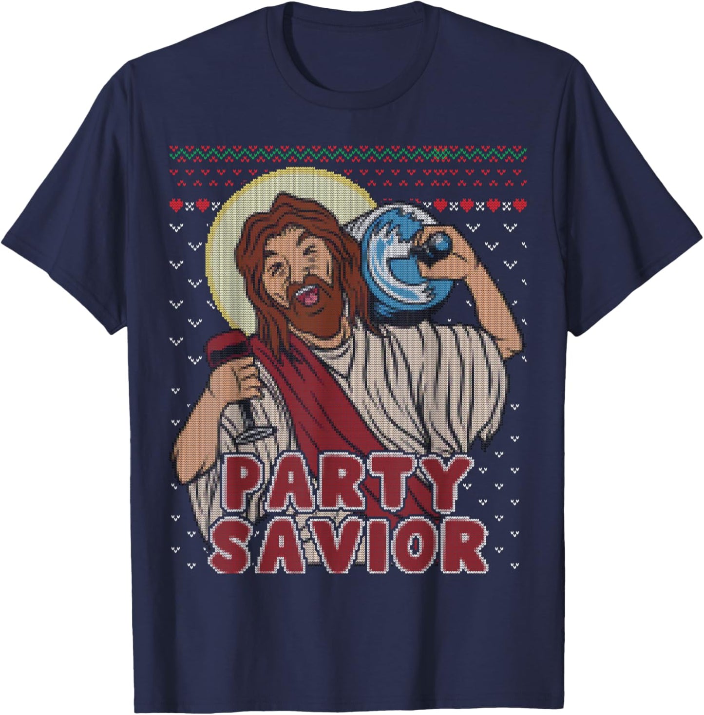 Party Savior Jesus Santa Claus Beer Ugly Christmas Sweater T-Shirt - T-Shirt | Navy