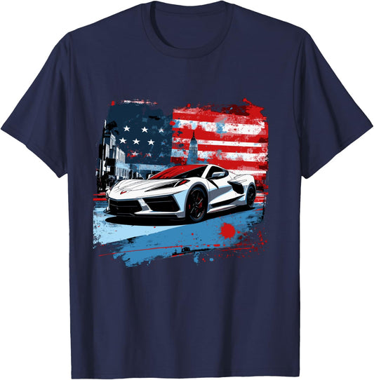 8th Gen C8 Vette Car Super Sports Car Patriotic USA Flag T-Shirt - T-Shirt | Navy