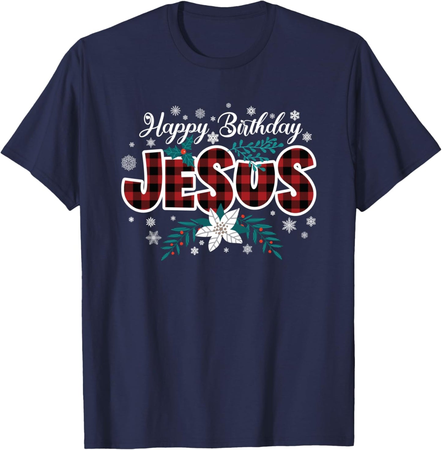 Christian Christmas Buffalo Plaid Happy Birthday Jesus T-Shirt - T-Shirt | Navy