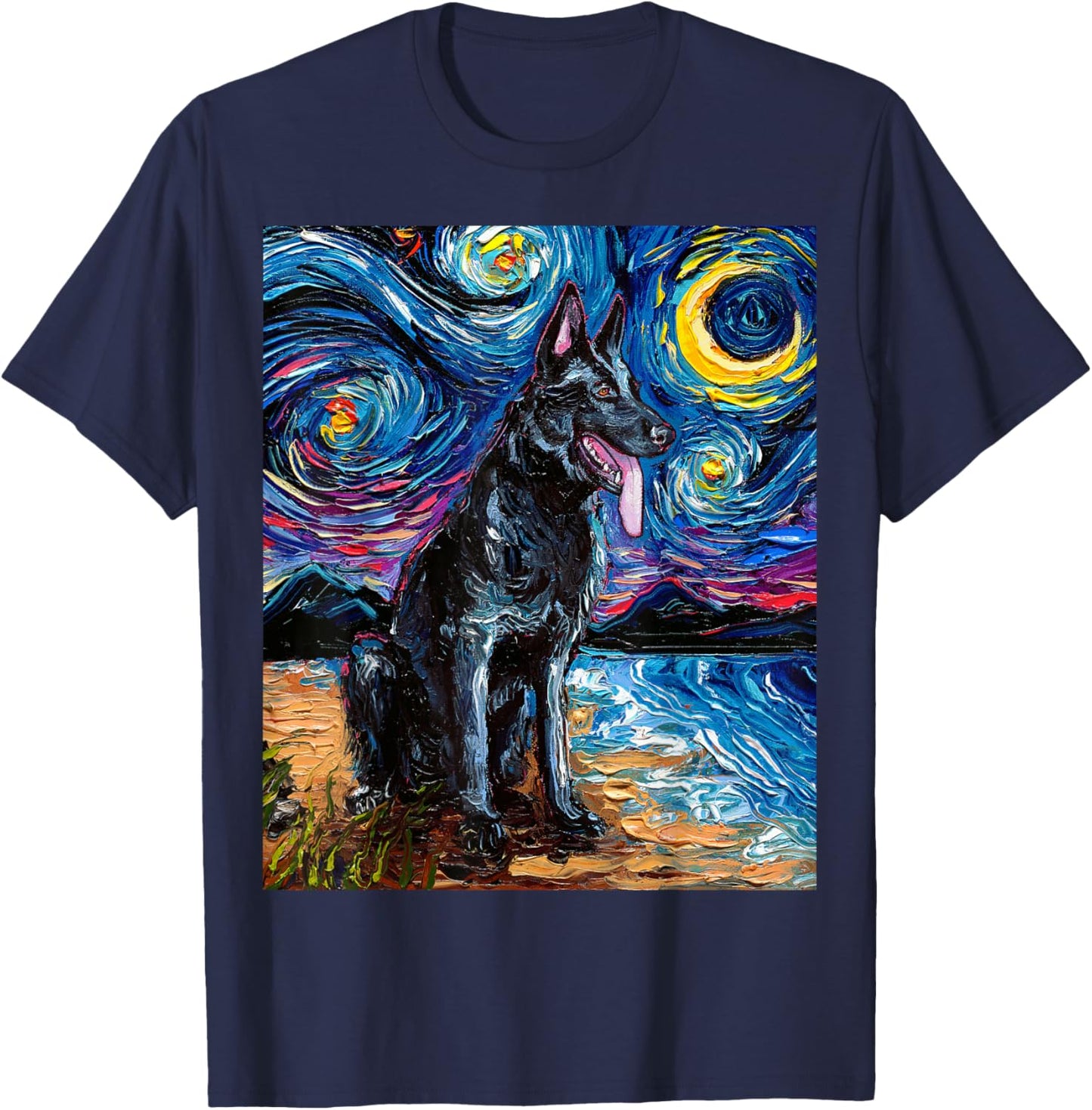 Black German Shepherd Starry Night Dog and Moon GSD Artwork T-Shirt - T-Shirt | Navy