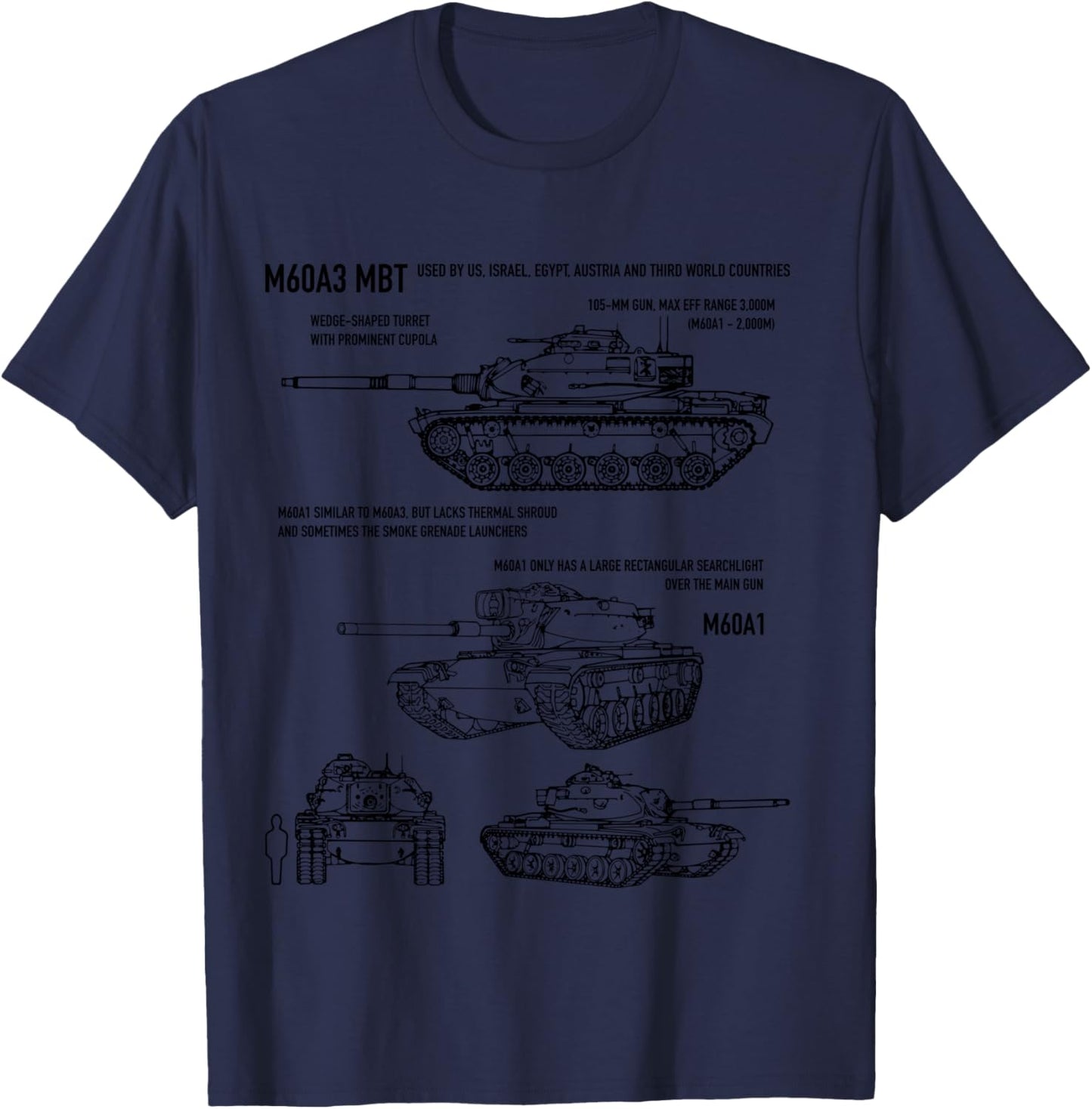 M60A3 Patton Military Tank Recognition Blueprints T-Shirt - T-Shirt | Navy