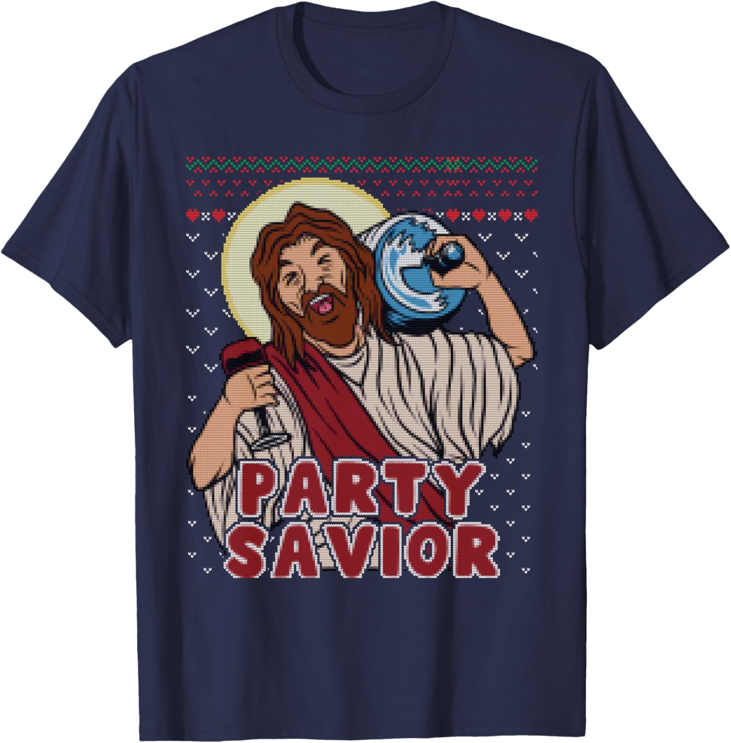 Party Savior Jesus Santa Claus Beer Ugly Christmas Sweater T-Shirt - T-Shirt | Navy