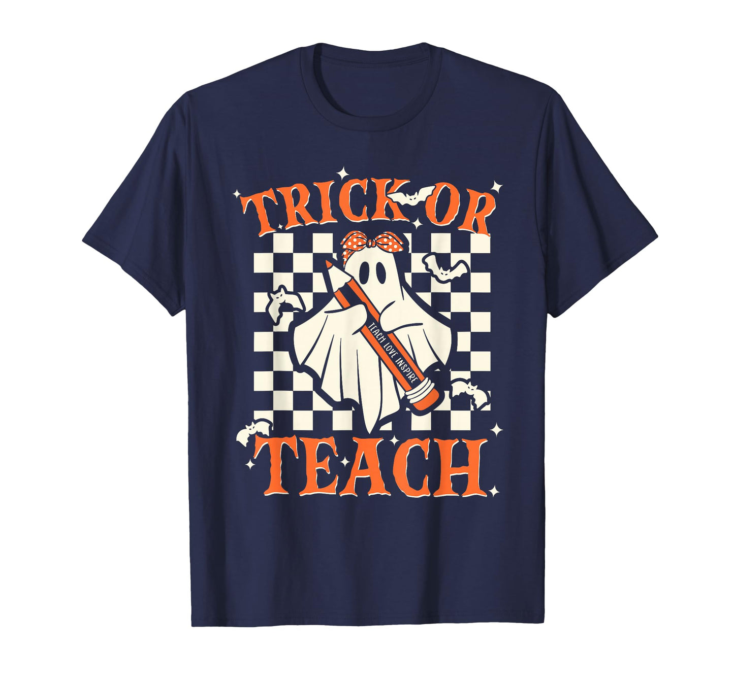 Trick Or Teach Groovy Teacher Halloween Retro Floral Ghost T-Shirt