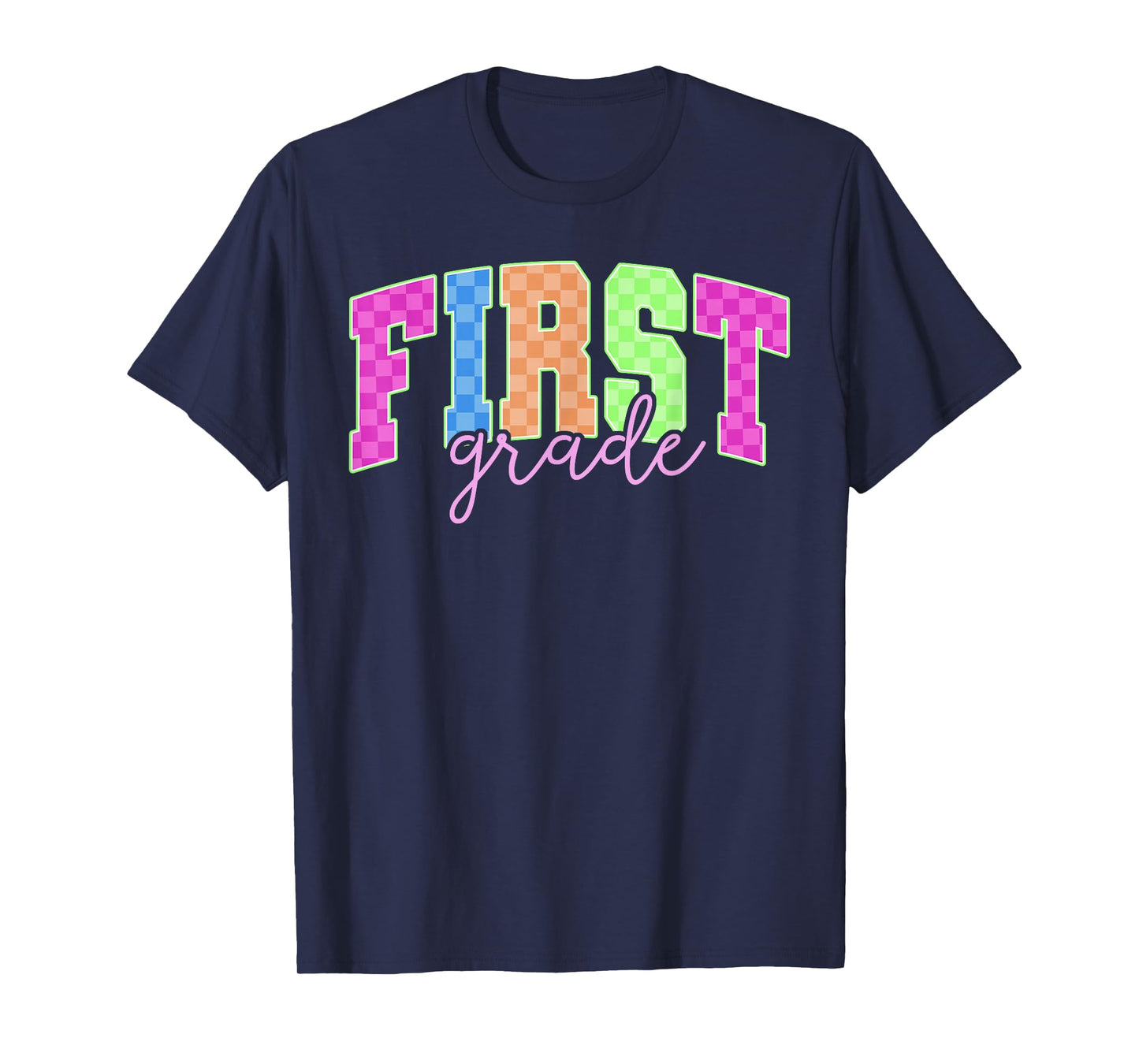 Back To School Neon Checkered First Grade, Colorful Teacher T-Shirt
