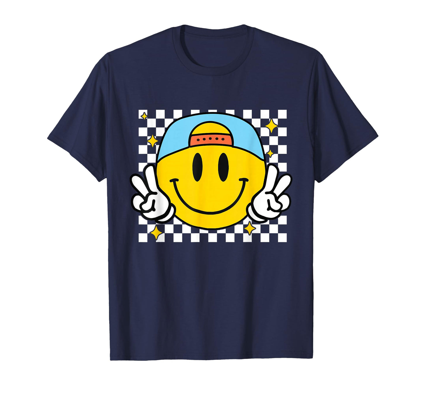 Yellow Smile Face Cute Checkered Peace Smiling Happy Face T-Shirt