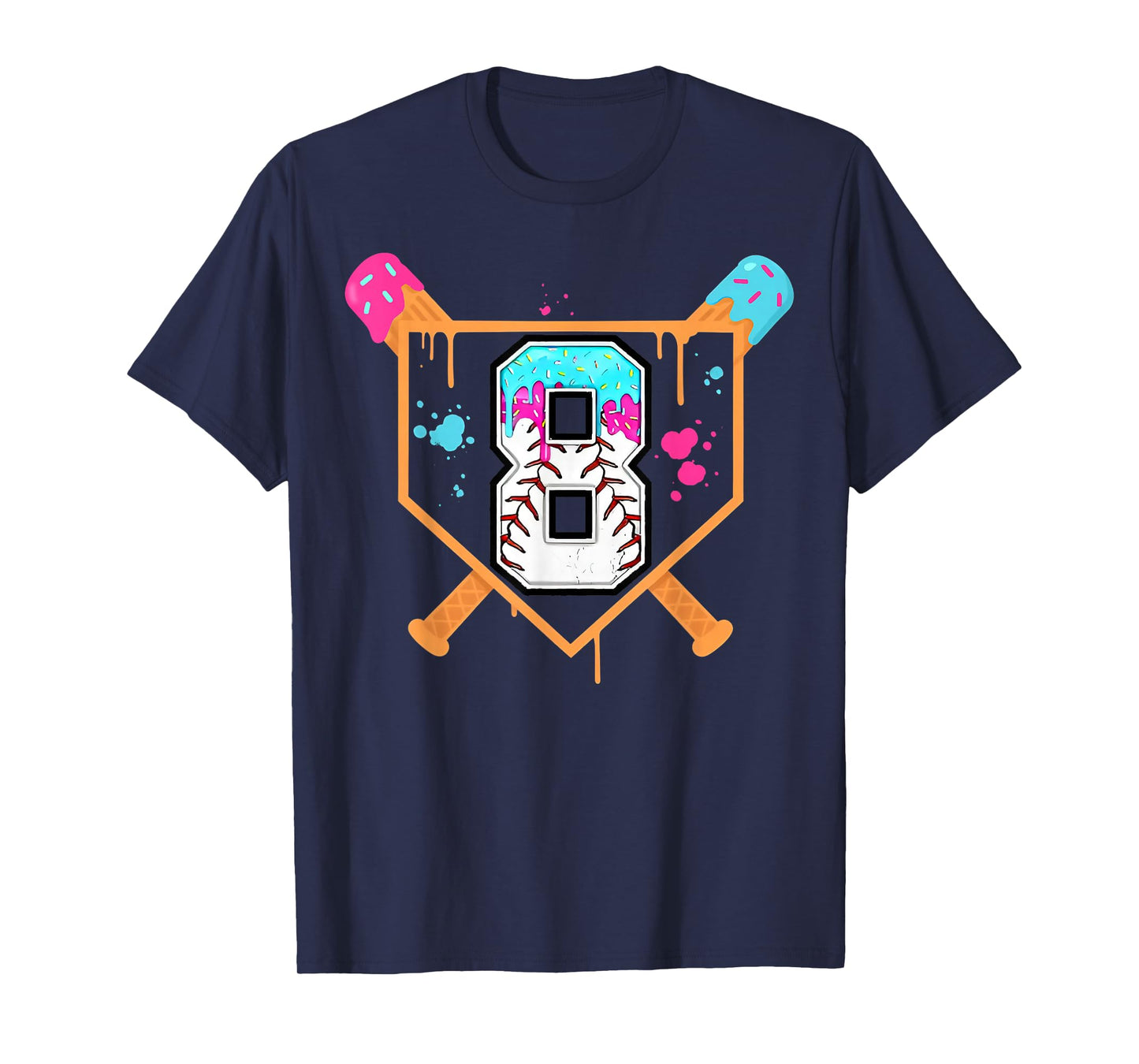 Baseball 8th Birthday Ice Cream Drip 8 Year Old Birthday Boy T-Shirt