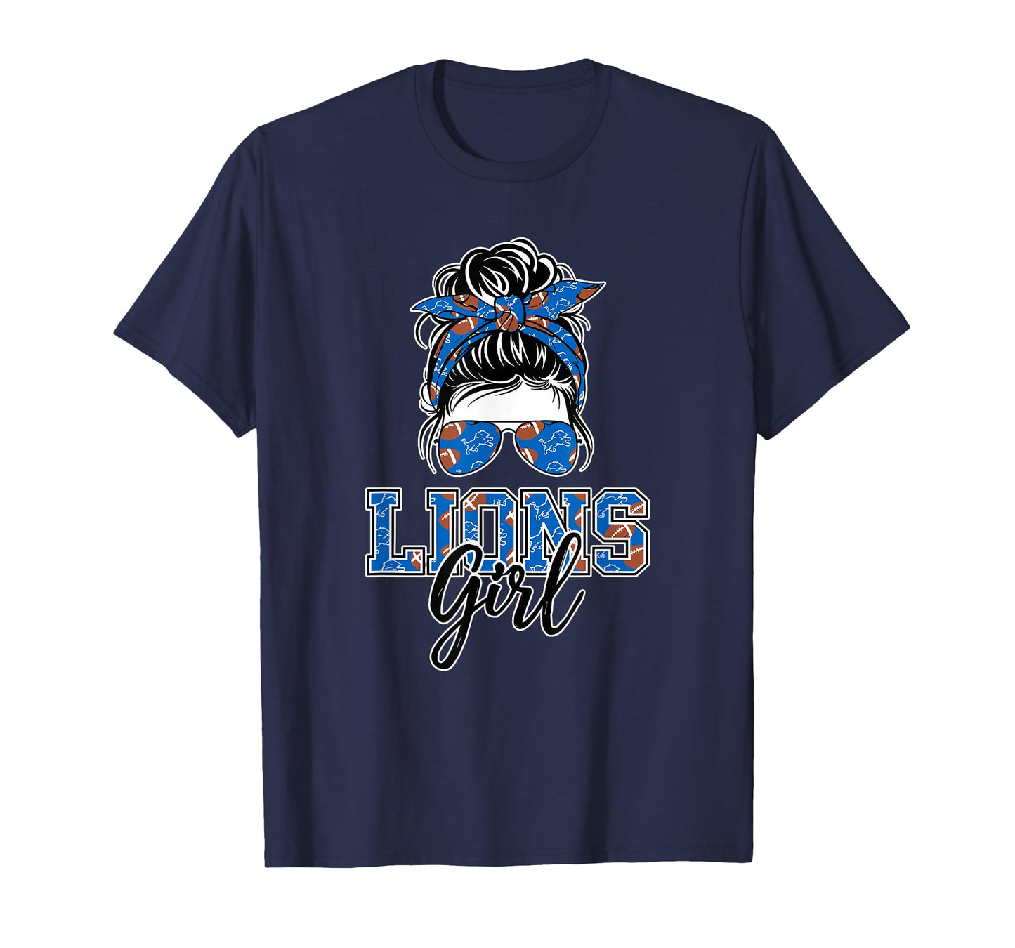 Retro Lions Girl: Messy Bun Sports Fan Team Matching T-Shirt