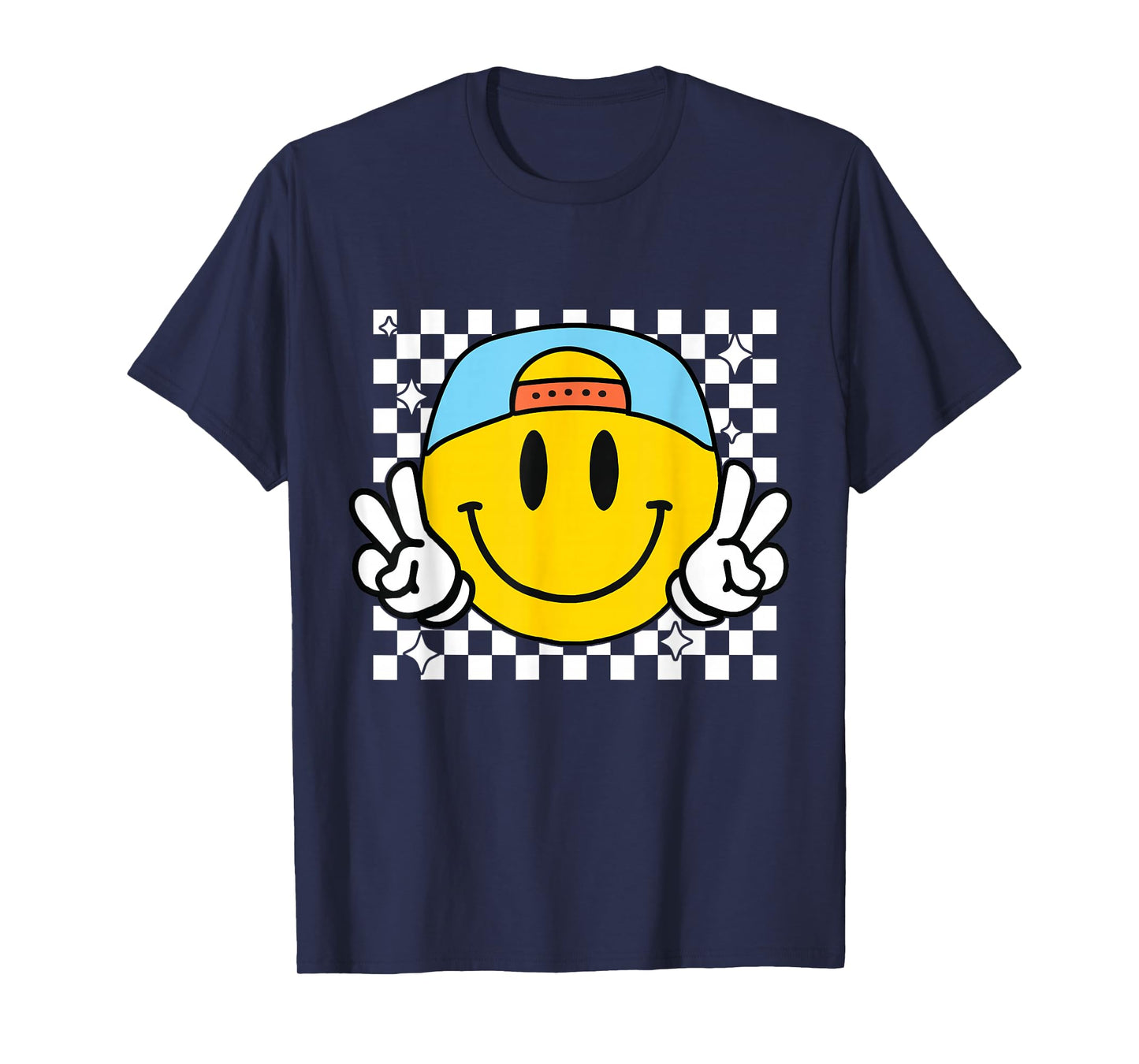 Yellow Smile Face Cute Checkered Peace Smiling Happy Face T-Shirt