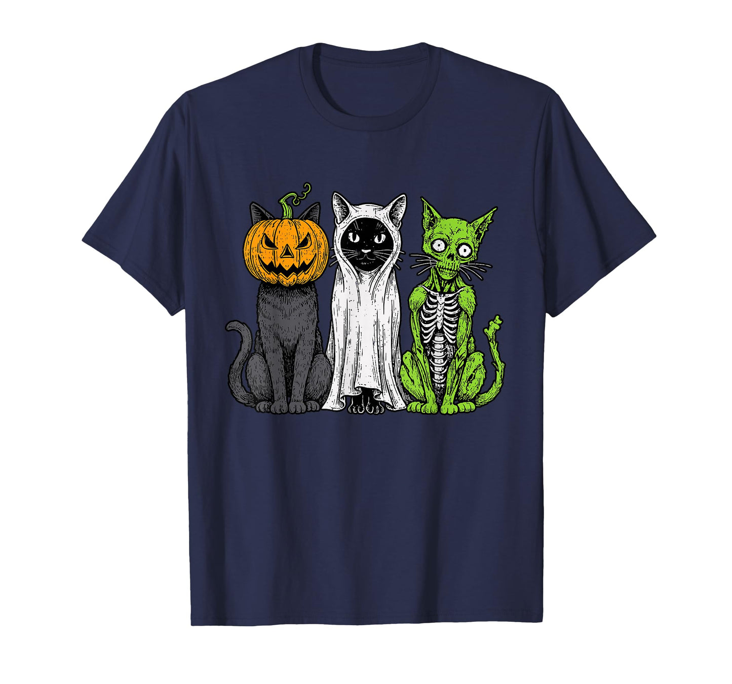 Skeleton Cat Pumpkin Ghost Halloween Kitty Meow Girl Boy Kid T-Shirt