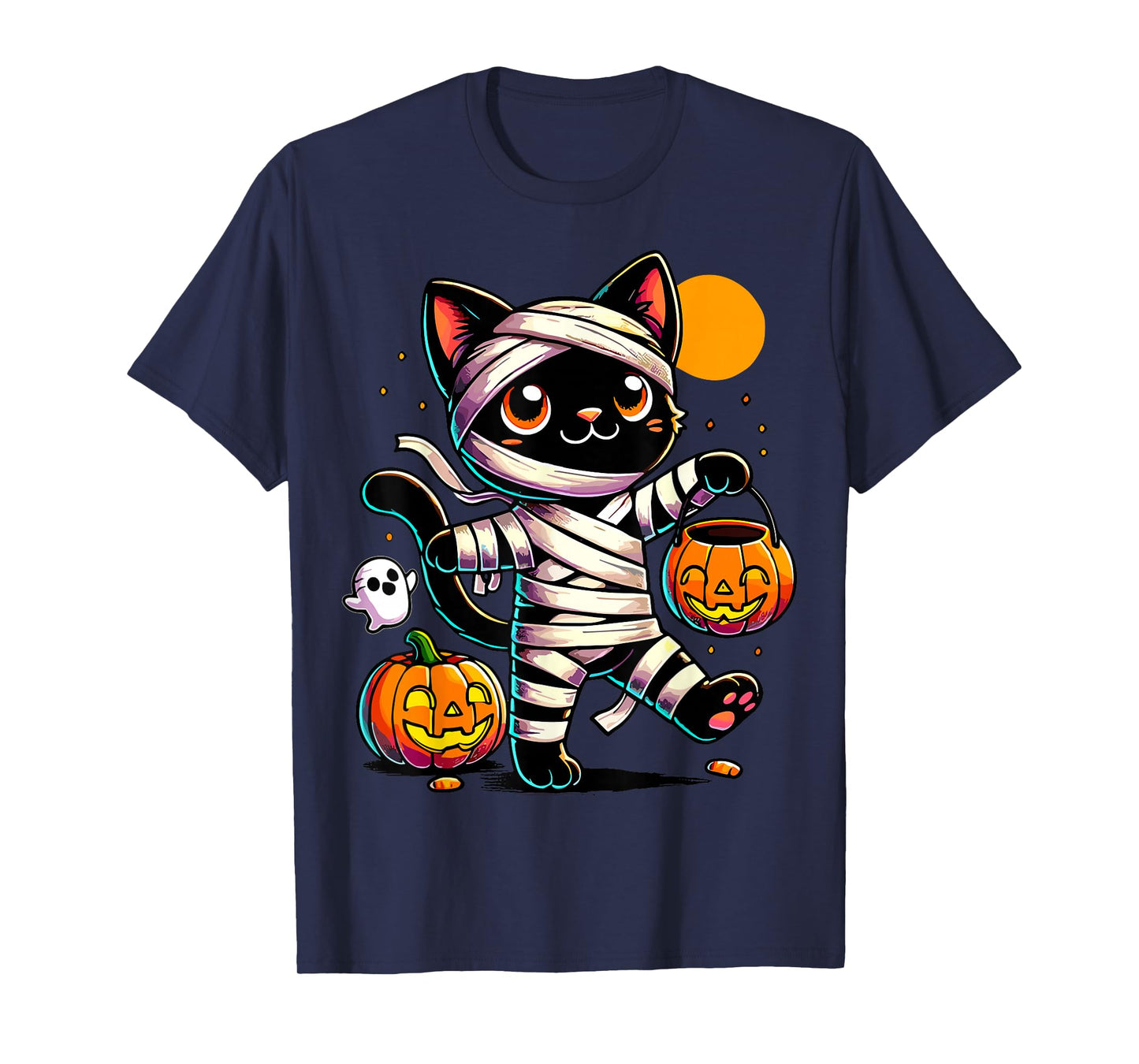 Black Cat Mummy Halloween Pumpkin T-Shirt