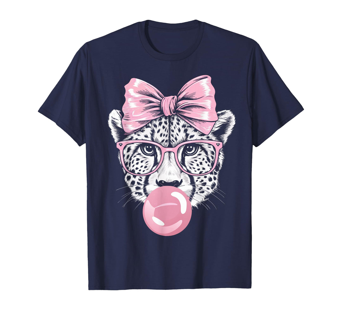Cheetah Wearing Glasses and Blowing Pink Bubble Gum T-Shirt