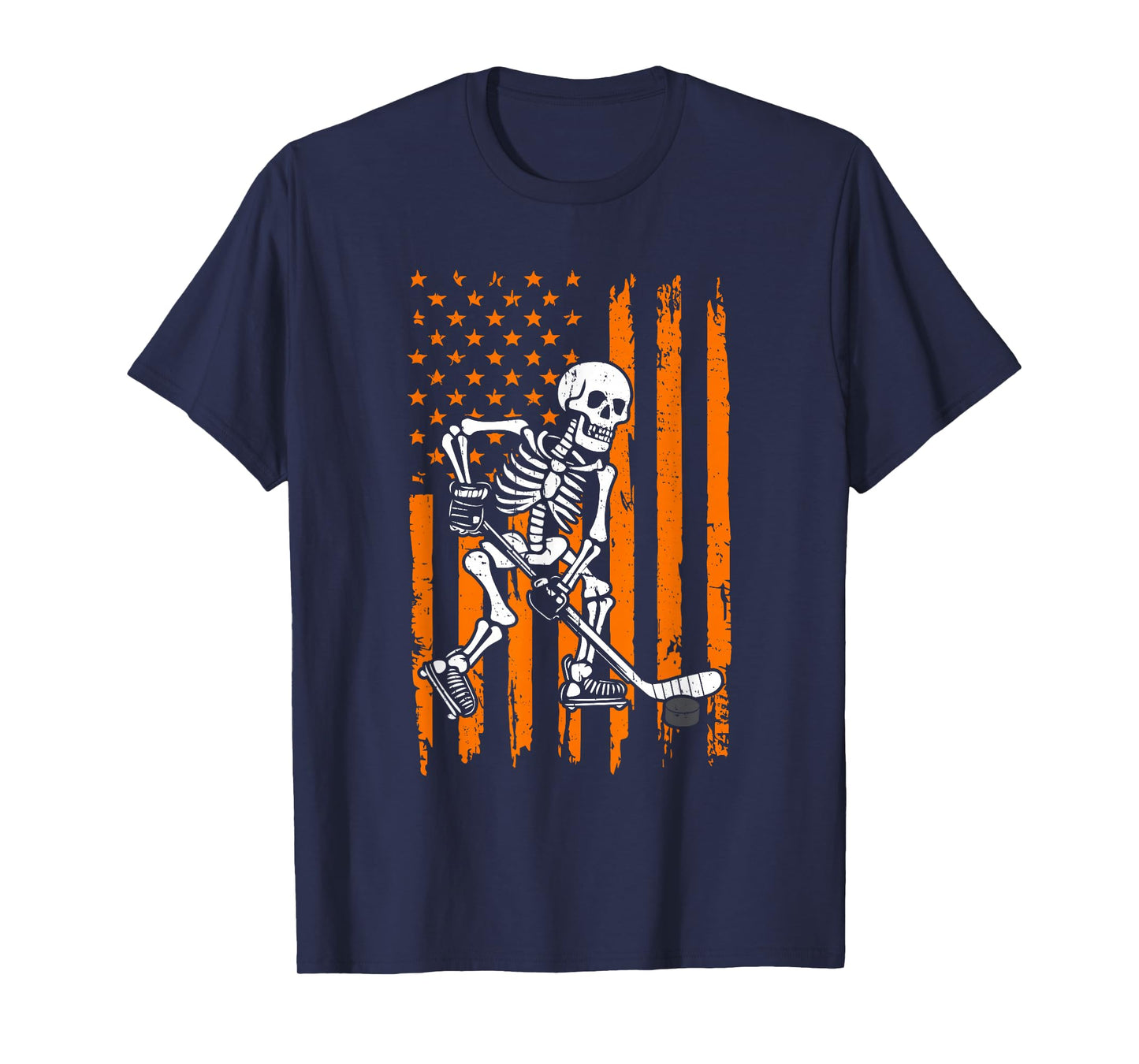 Retro Skeleton Playing Hockey USA Flag Halloween Boys Kids T-Shirt