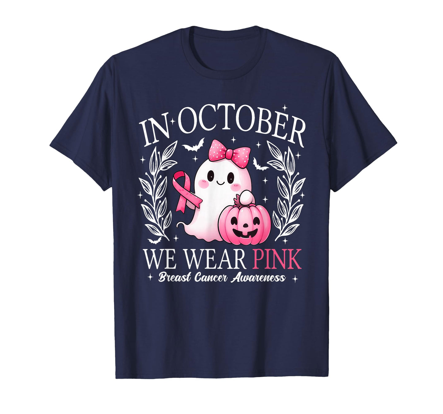 in October We Wear Pink Ghost Witch Breast Cancer Awareness T-Shirt