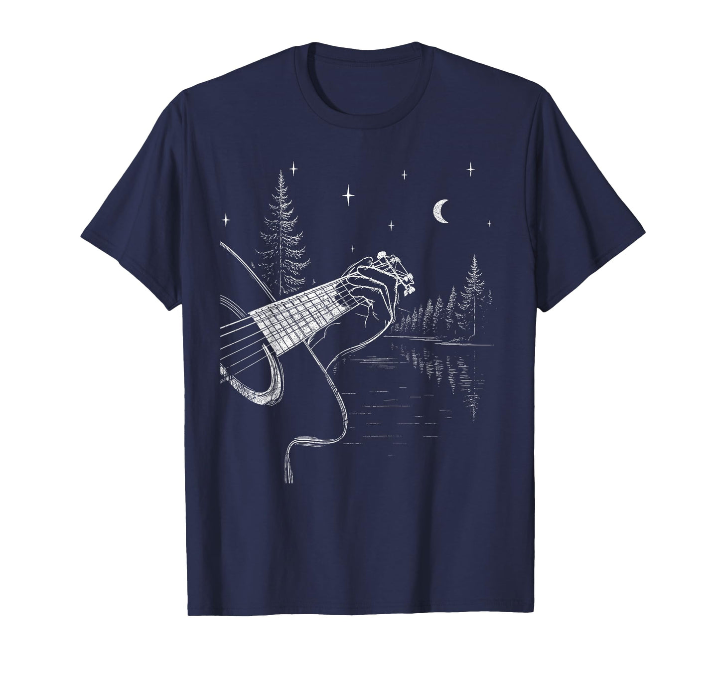 Guitar Forest Night Scene Acoustic Music Moon Art T-Shirt