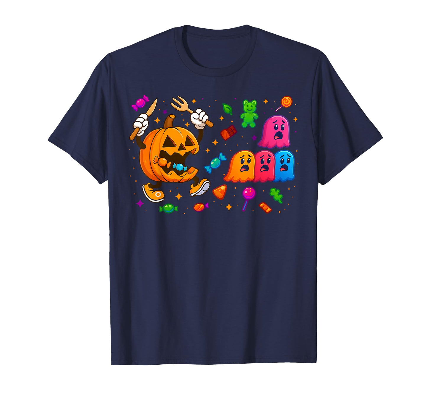 Gamer Pumpkin Eating Ghost Halloween Costume Men Boys Kids T-Shirt