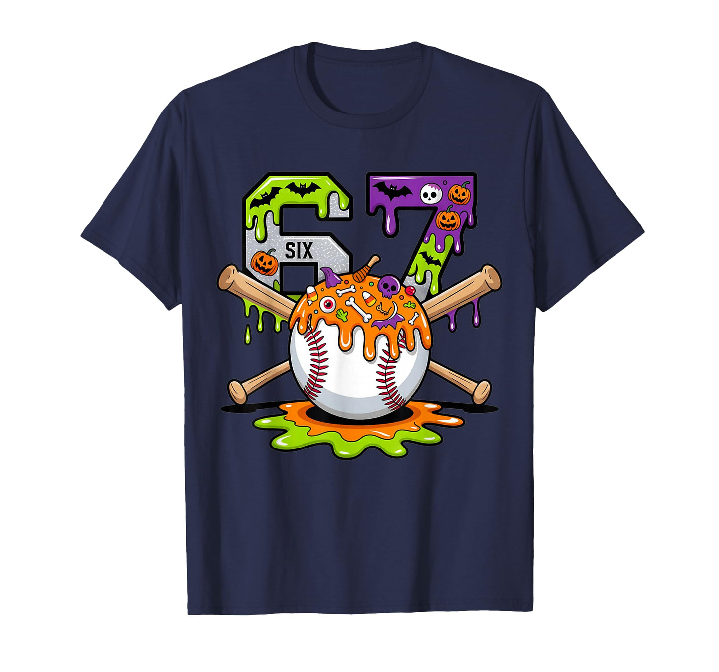 Spooky Halloween Baseball Ice Cream Dripping Six Seven 6 7 T-Shirt
