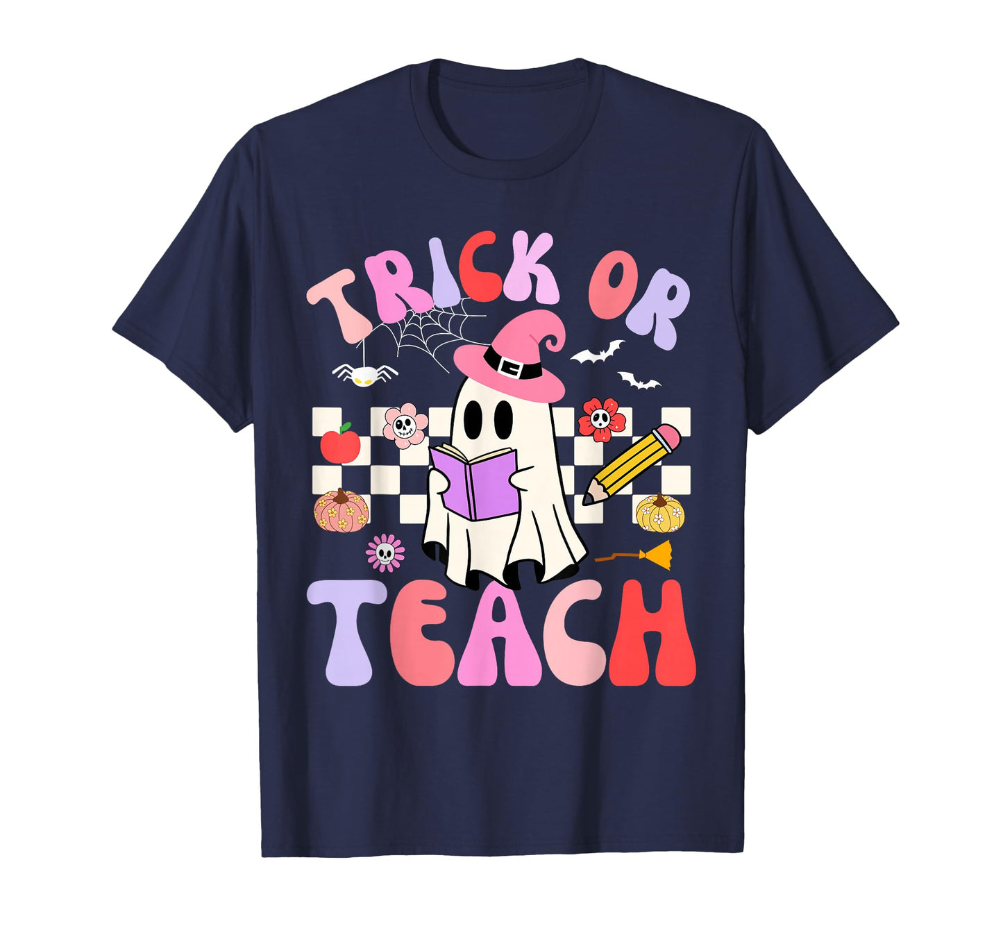 Trick Or Teach Halloween Teacher Floral Ghost Groovy T-Shirt
