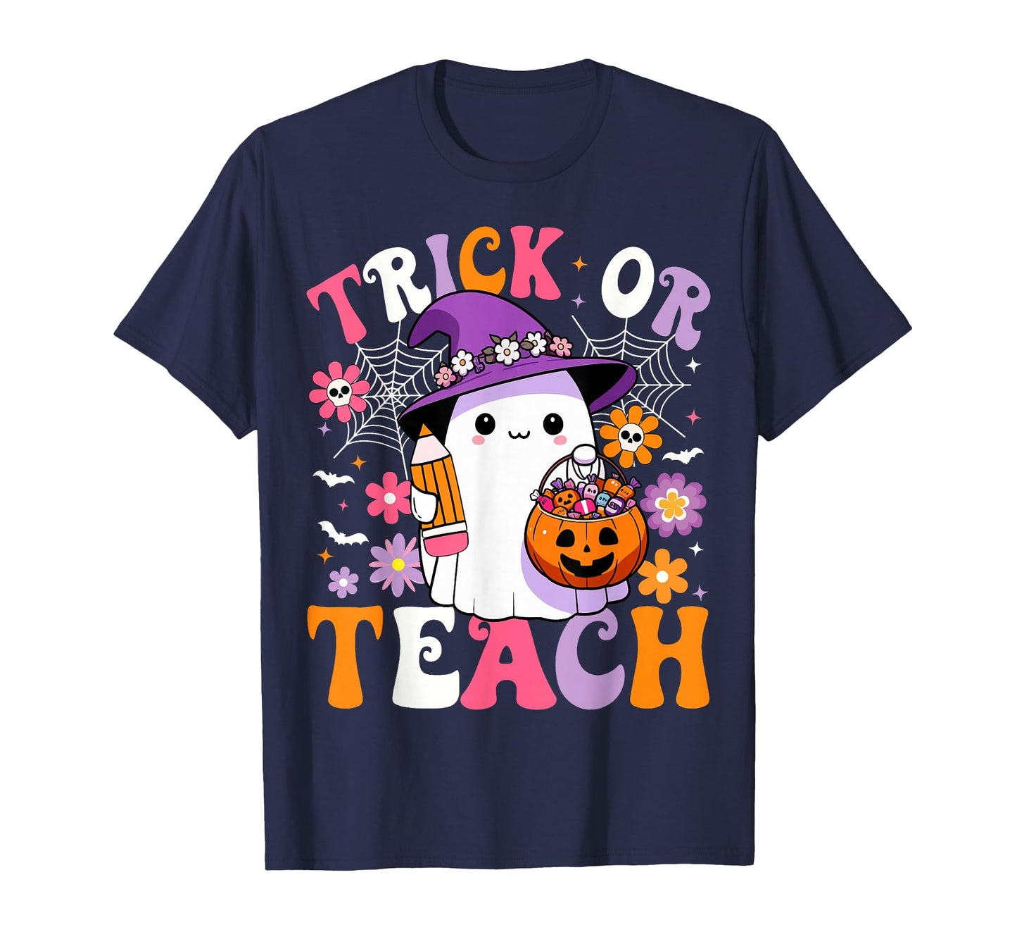 Trick Or Teach Teacher Groovy Ghost Funny Halloween Teacher T-Shirt