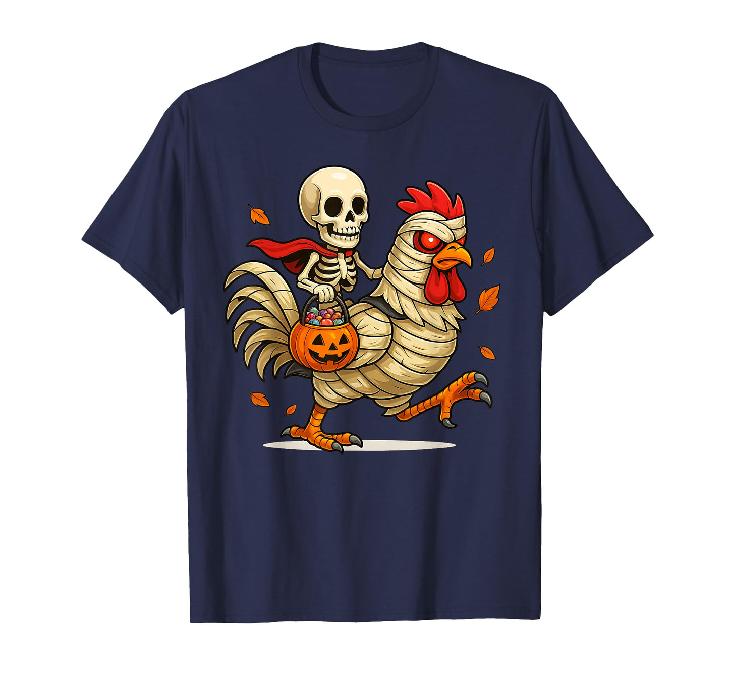 Funny Skeleton Riding a Mummy Chicken Halloween Costume T-Shirt