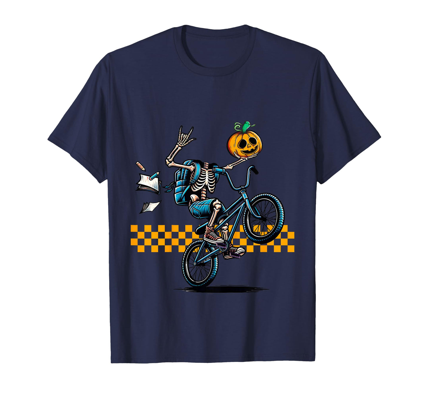 Kids Kids Halloween Skeleton Riding a BMX Bike Popping a Wheelie T-Shirt