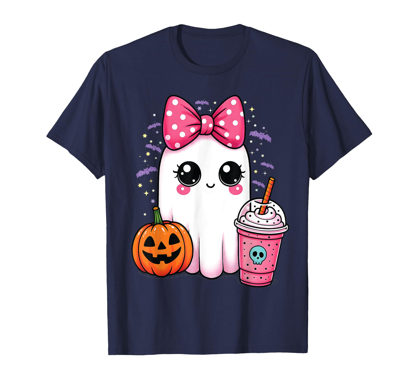 Spooky Cute Ghost Drinking Iced Coffee Pumpkin Bow Halloween T-Shirt