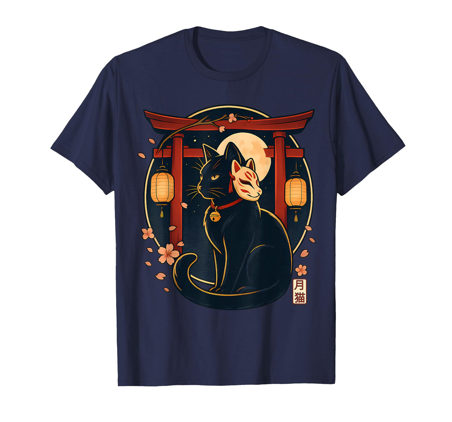 Kawaii Japanese Cat Kitsune Mask Torii Lantern Funny Cat T-Shirt