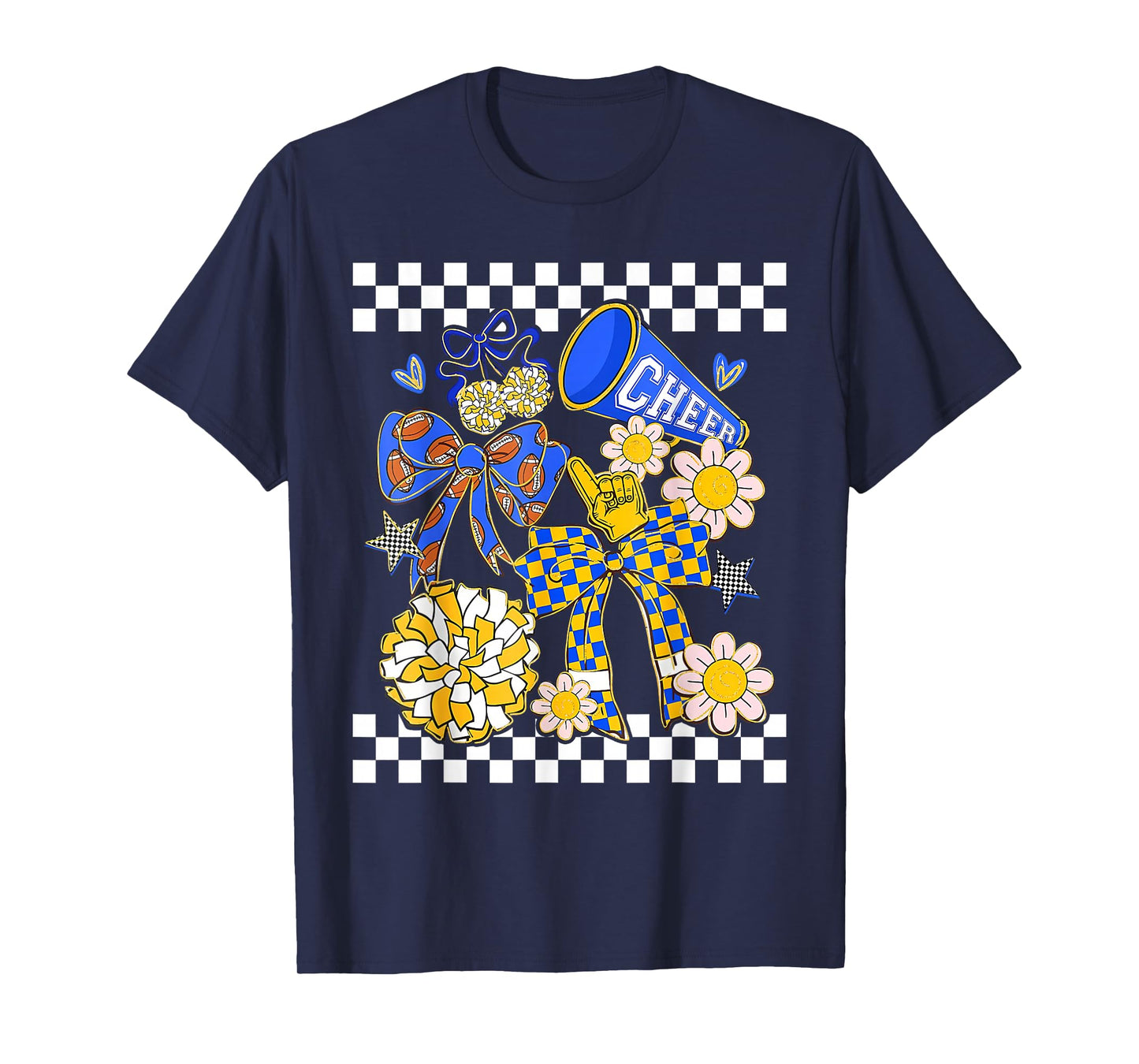 Retro Blue & Gold Cheer Football Game Day Coquette Bow Kids T-Shirt