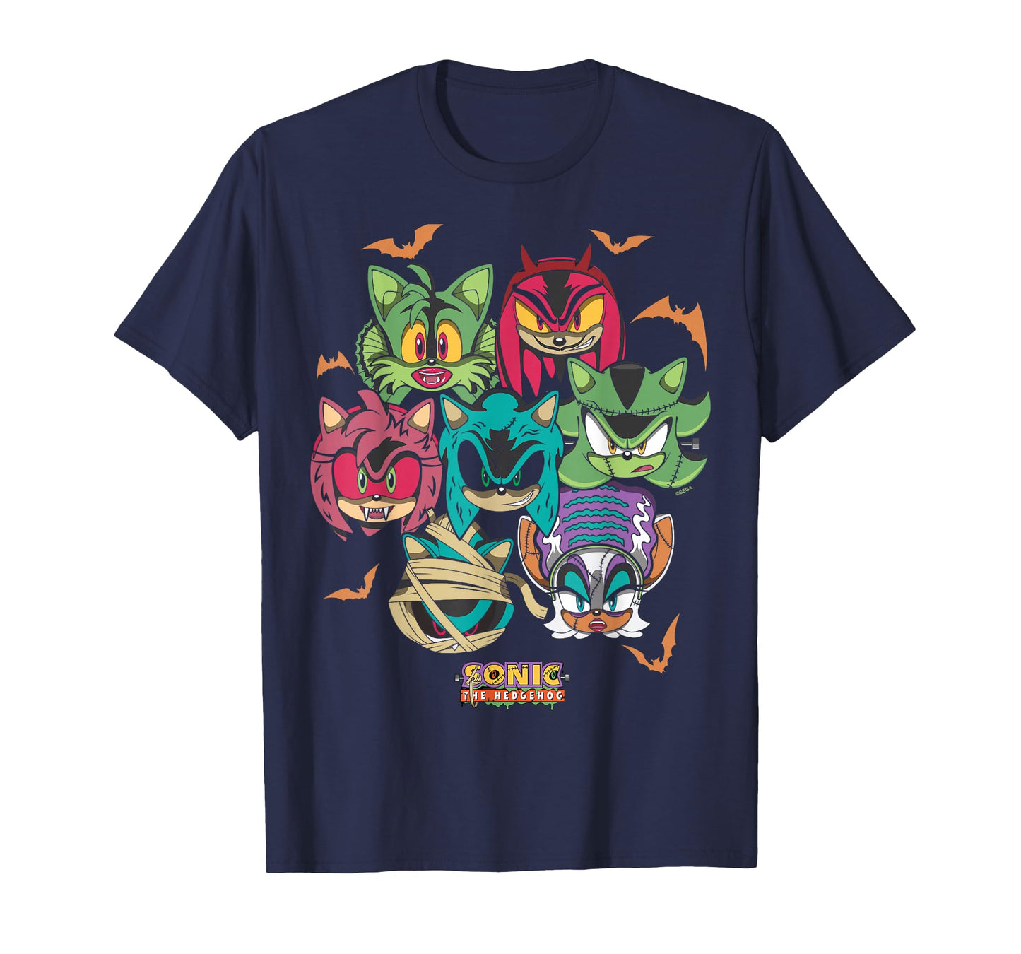 Sonic The Hedgehog Halloween Creepy Monster Faces Group Shot T-Shirt