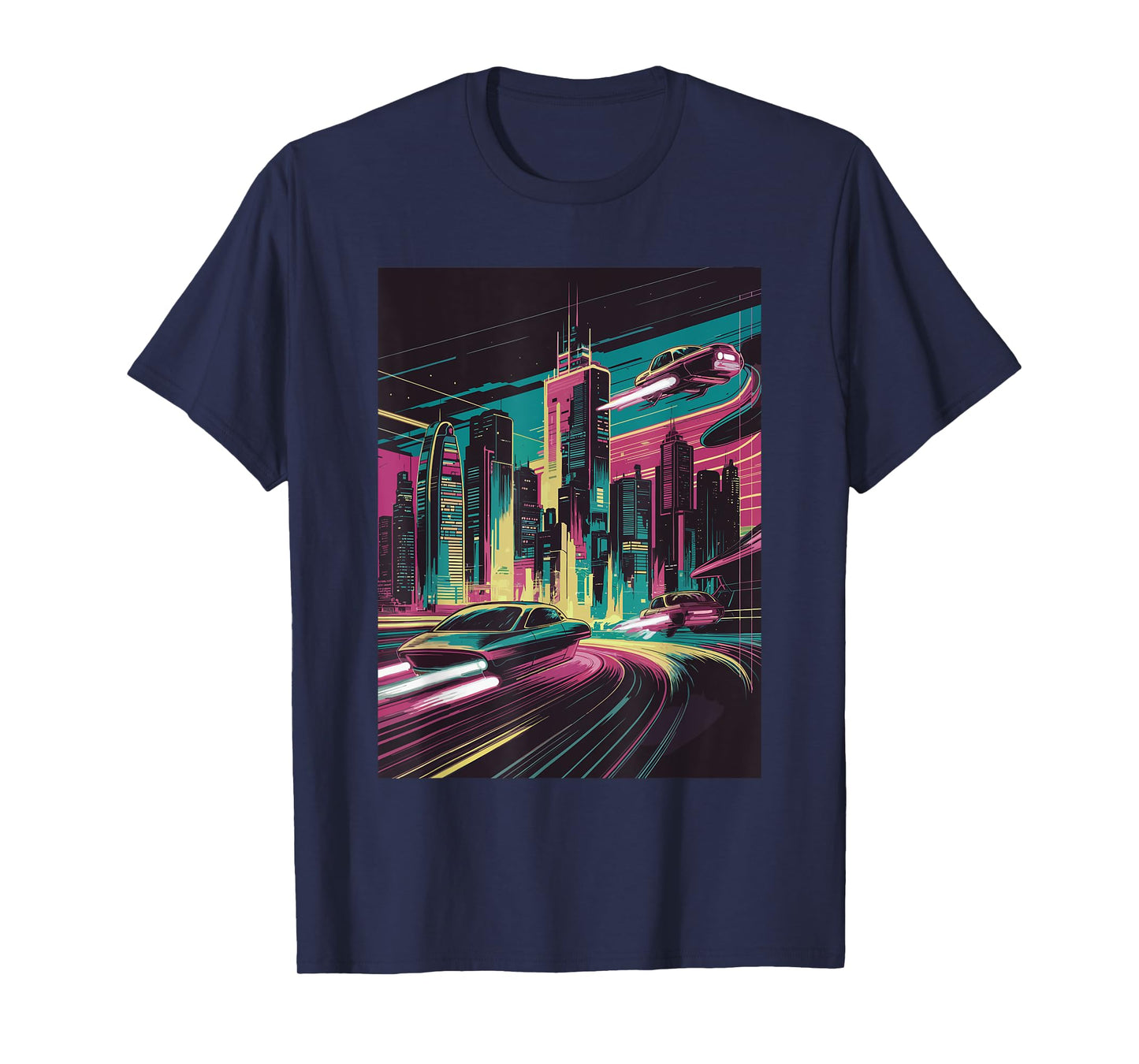 Retro Futuristic 80s sci-fi City with Flying Cars Cyberpunk T-Shirt