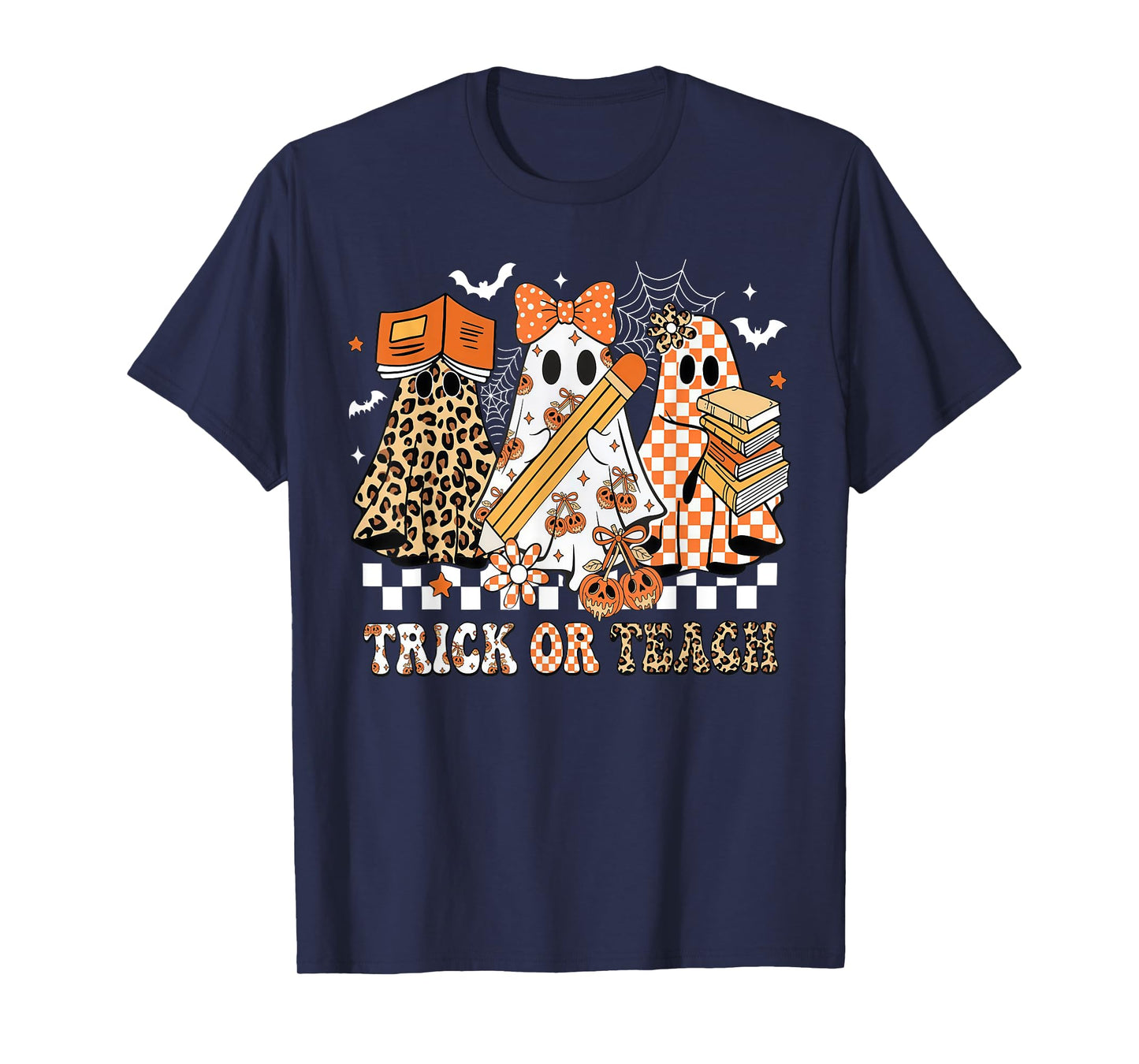Trick Or Teach Groovy Teacher Halloween Floral Ghost T-Shirt