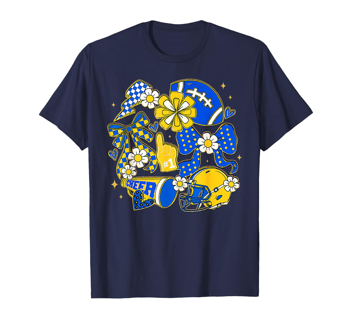 Retro Blue & Gold Cheer Football Game Day Coquette Bow T-Shirt