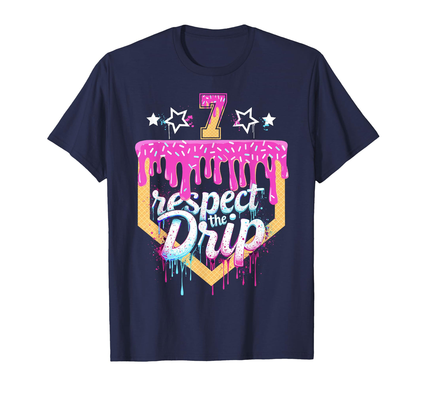 Baseball 7 Year Old Birthday Ice Cream Drip 7th Birthday T-Shirt