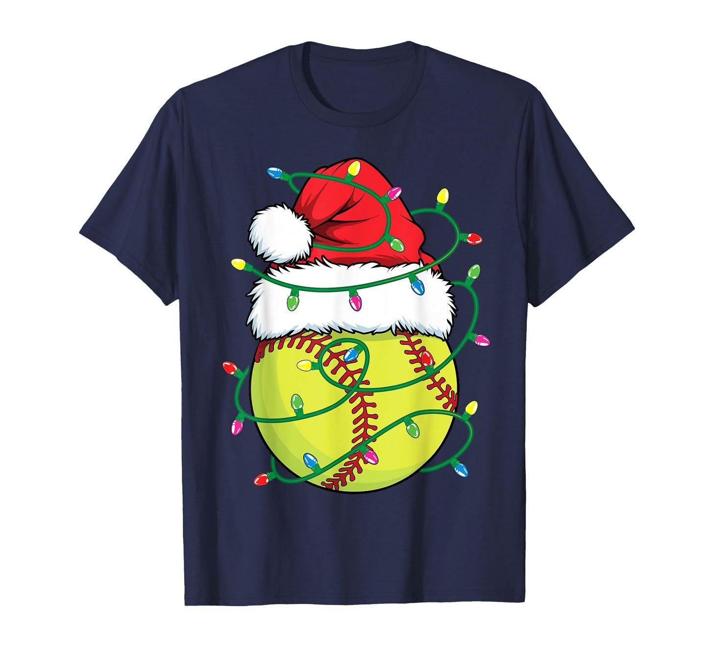 Softball with Santa Hat Men Boys Girls Christmas Xmas Lights T-Shirt