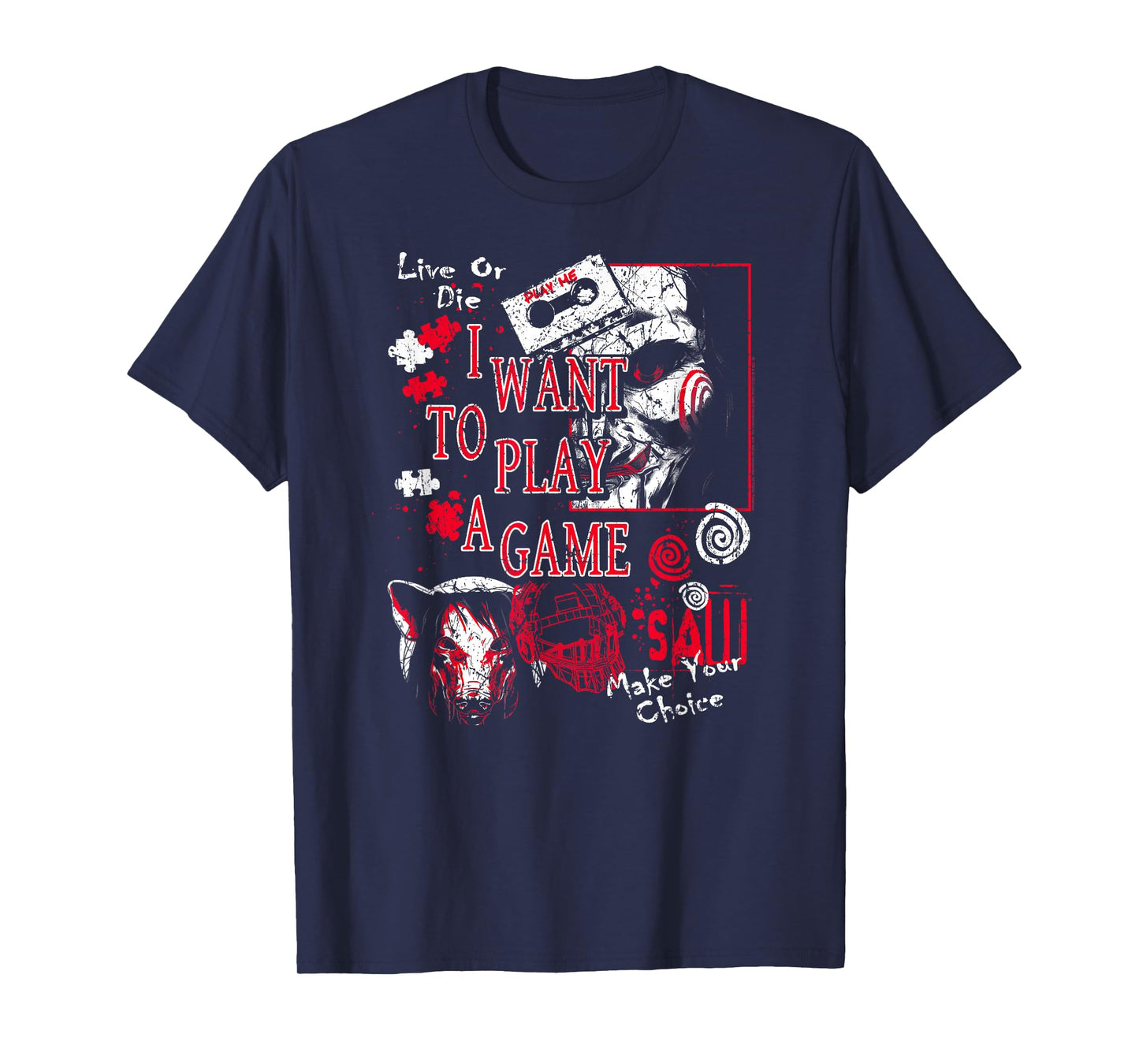 Saw I Want to Play a Game Poster Collage Horror Movie T-Shirt