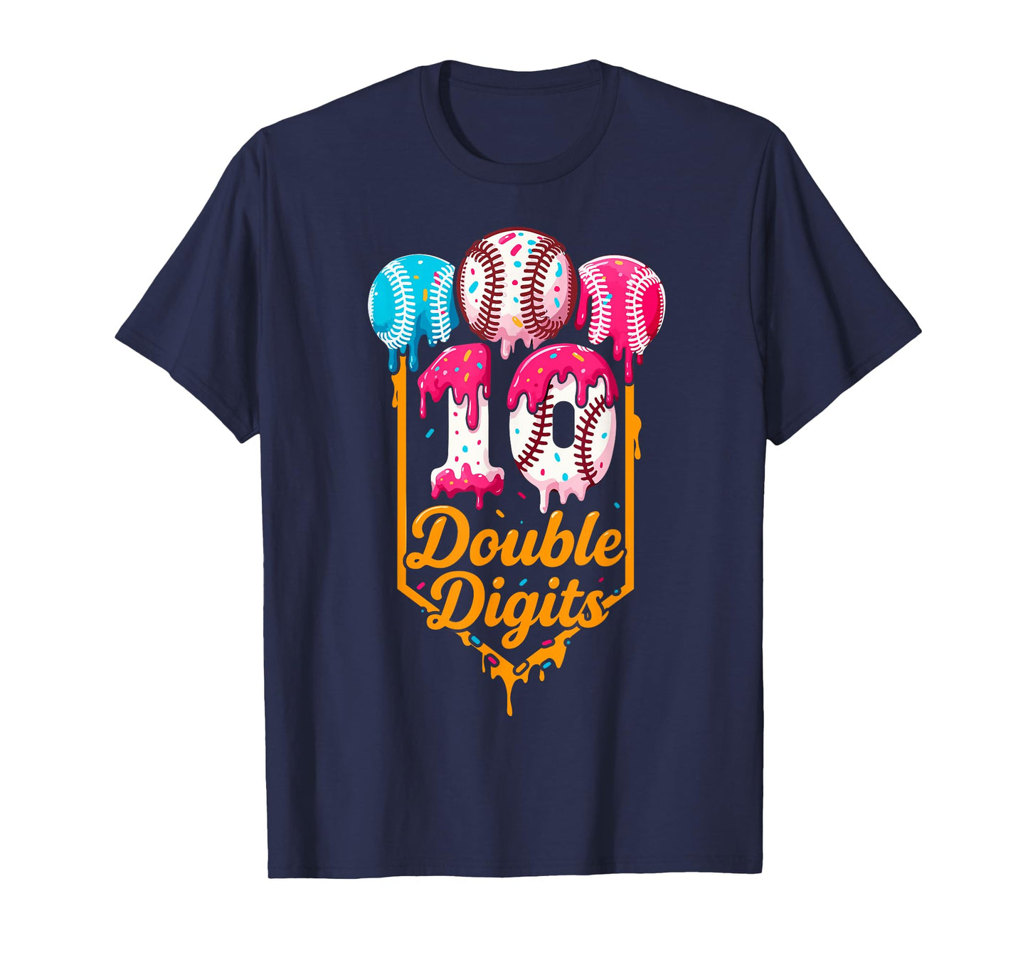 Dripping Baseball 10th Birthday Boys Double Digits Ice Cream T-Shirt