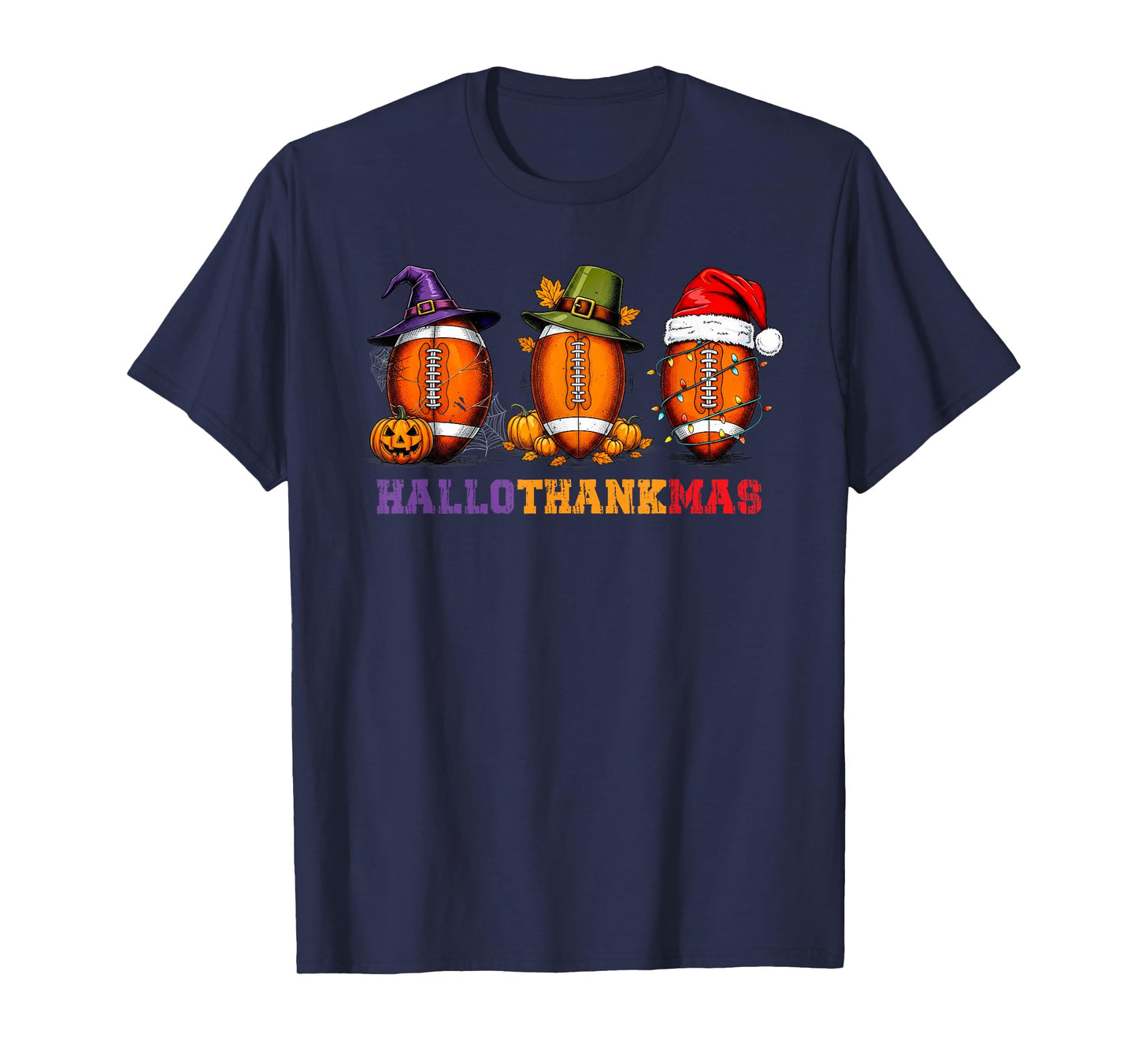 Funny HalloThankMas Football Halloween Thanksgiving Xmas T-Shirt