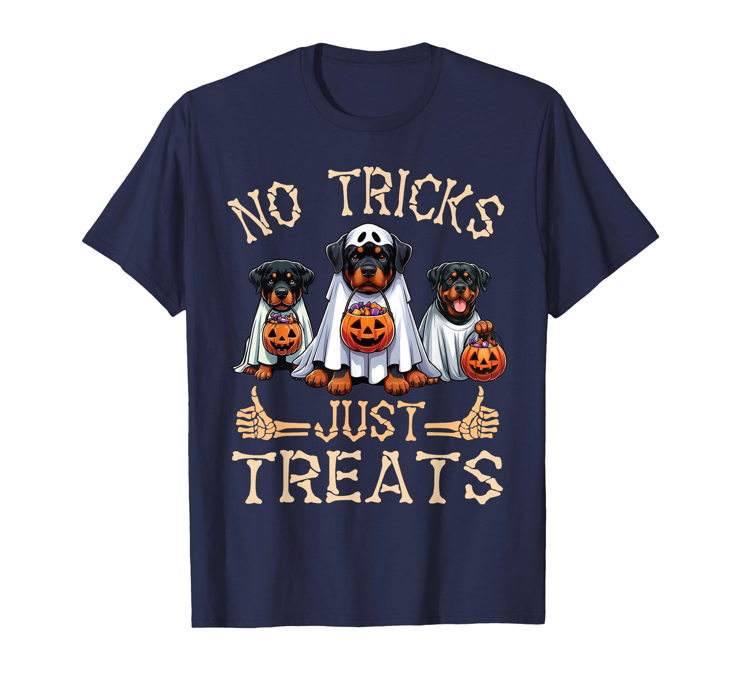 Rottweiler Dog Ghosts Pumpkin Candy No Tricks Just Treats T-Shirt