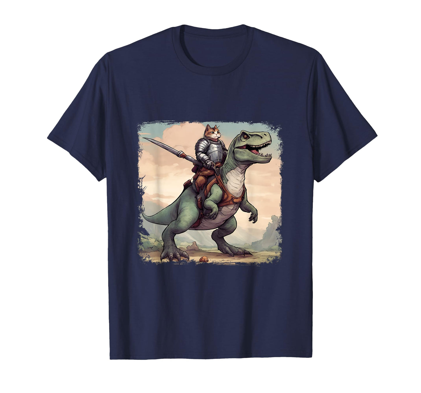 Cat Knight riding a T-Rex. Fun Men Women T-Shirt