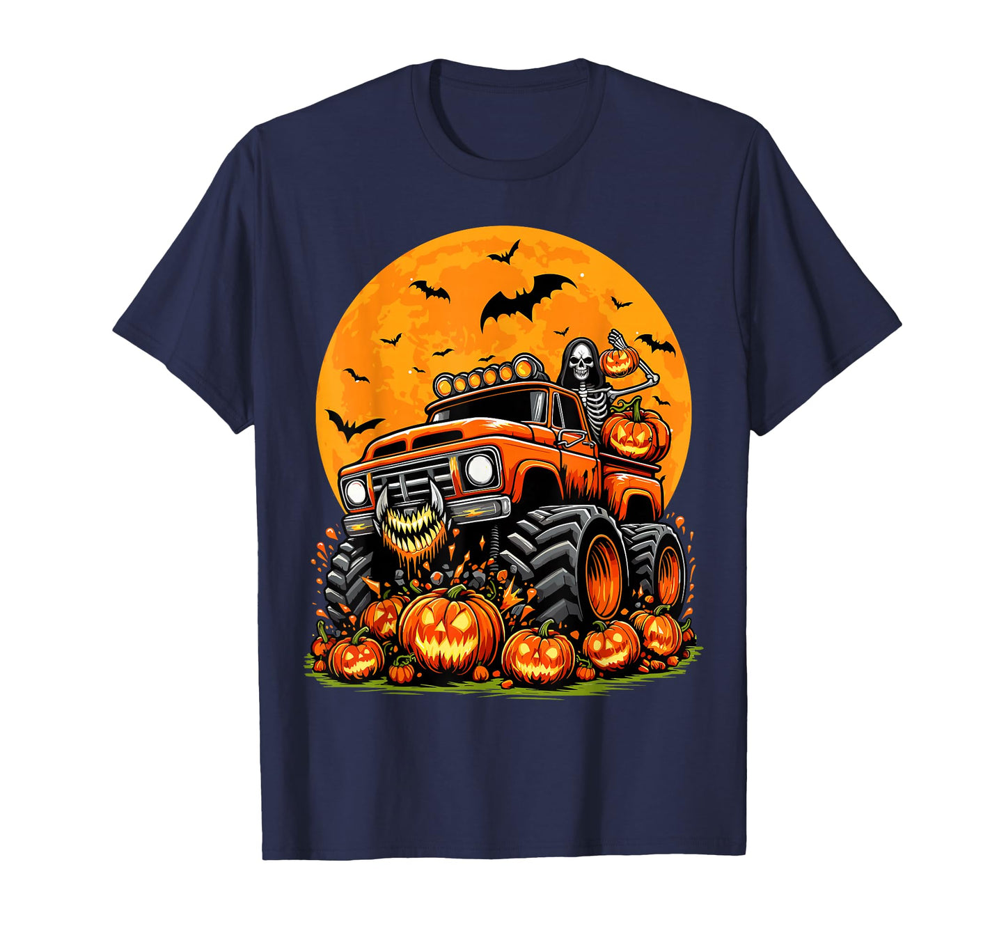 Kids Halloween Monster Truck Skeleton Pumpkin Boys Halloween T-Shirt