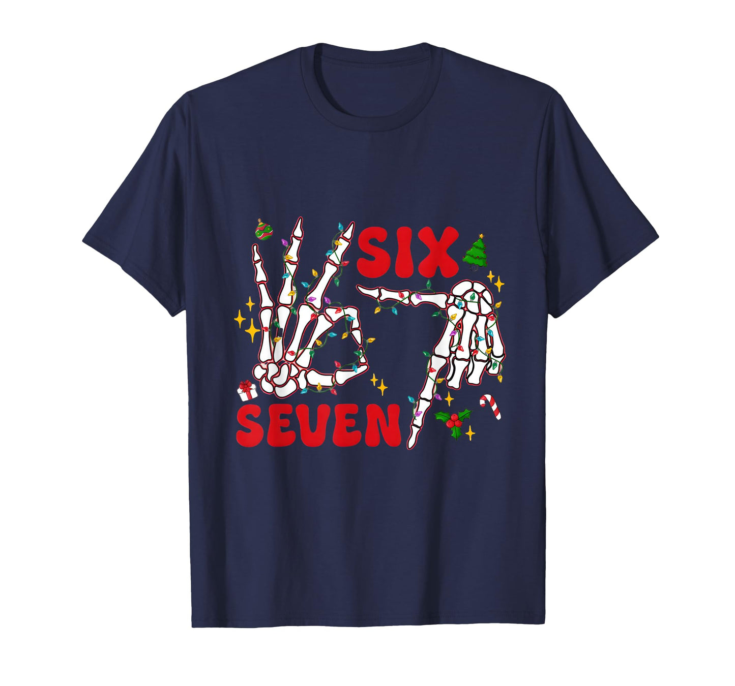 Funny Xmas 67 Skeleton Hand Six Seven Christmas Lights Shirt T-Shirt