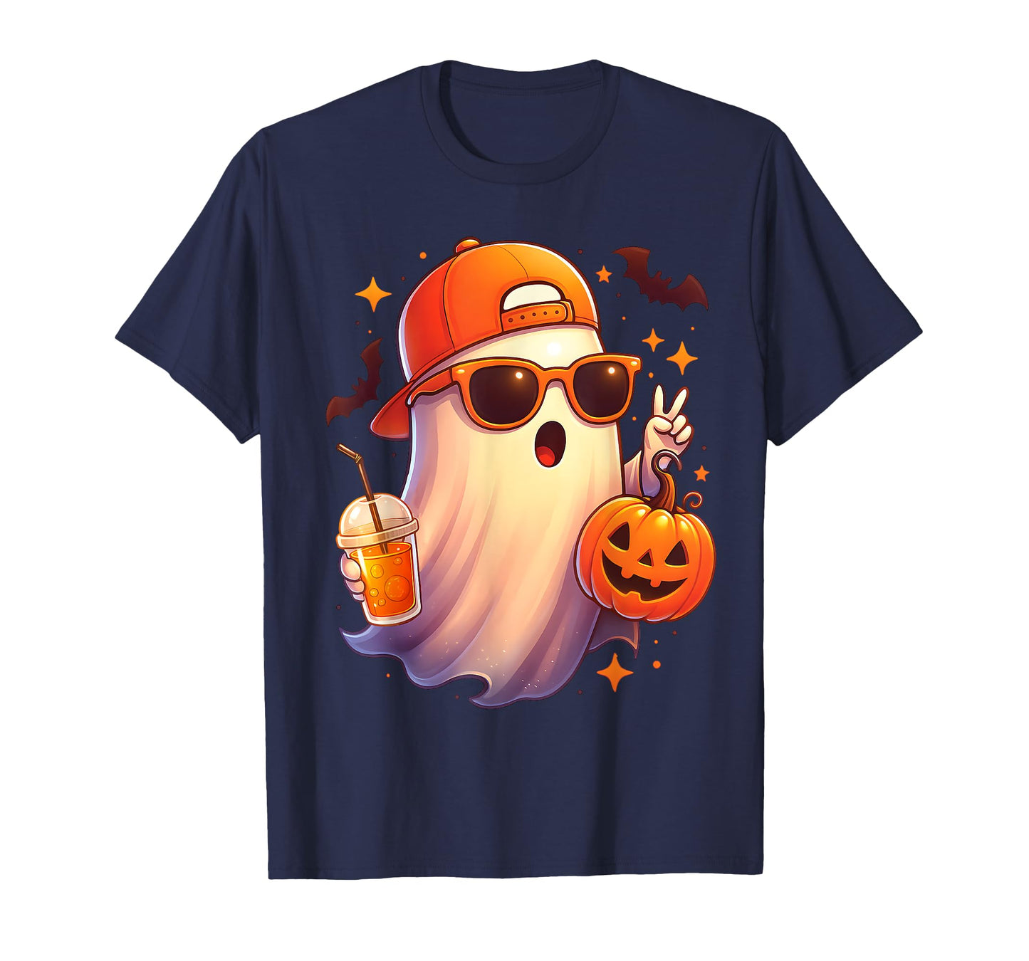 Spooky Cute Ghost Drinking Pumpkin Iced Coffee Halloween T-Shirt