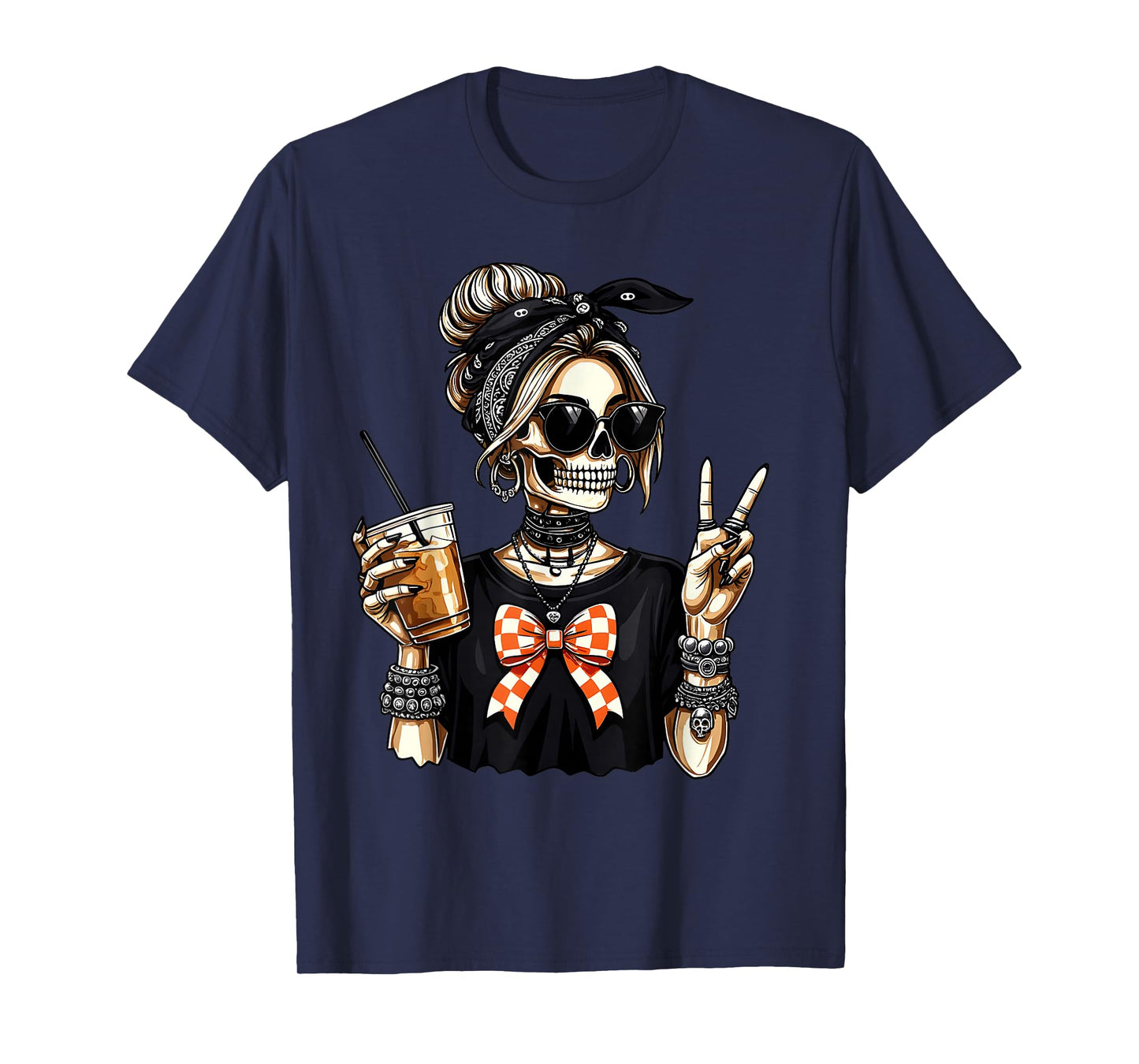 Skeleton Girl Drinking Coffee Peace Sign Graphic for Women T-Shirt