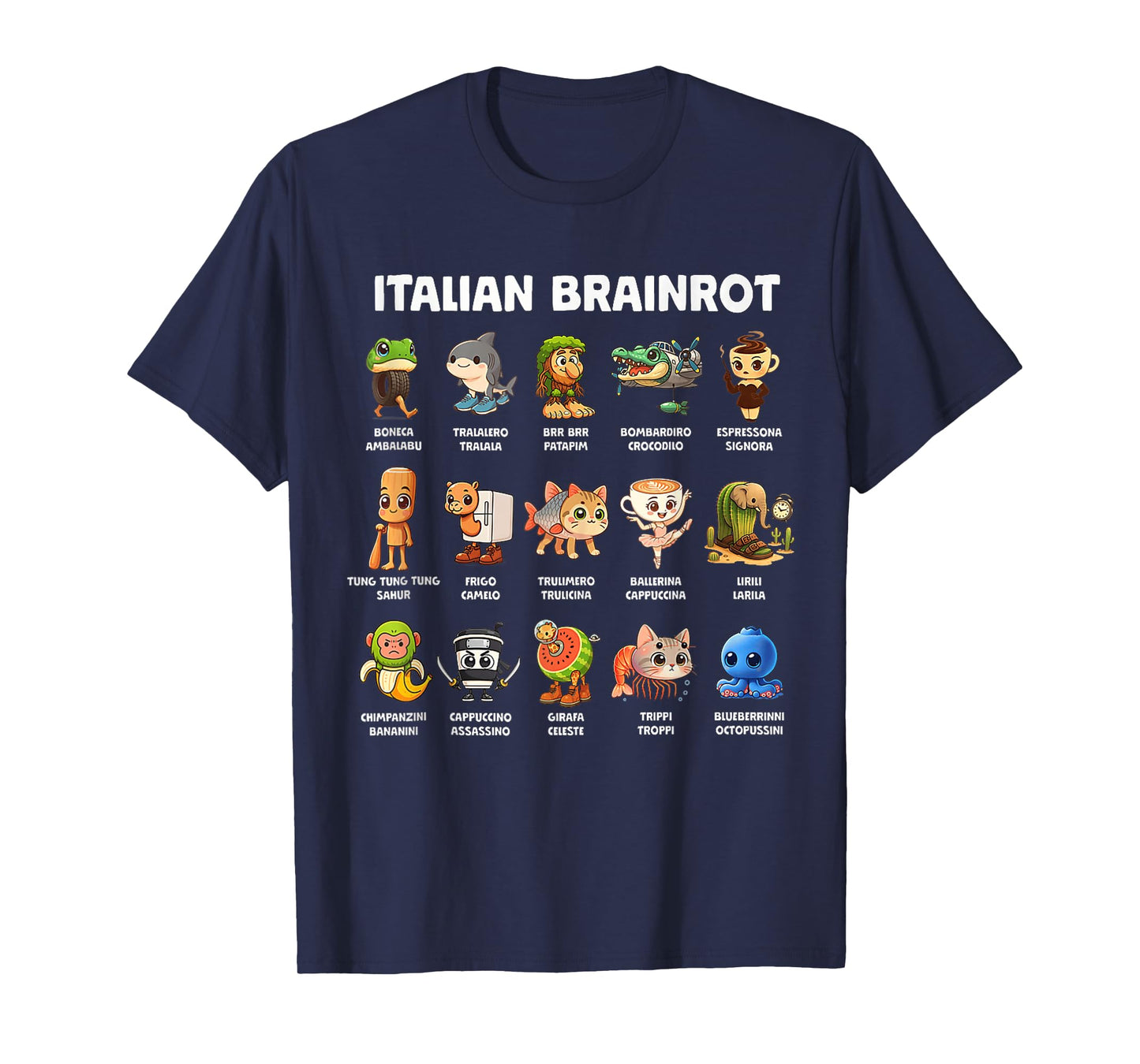 Types of Italian Brainrot Meme Character Hand Drawn for Kids T-Shirt